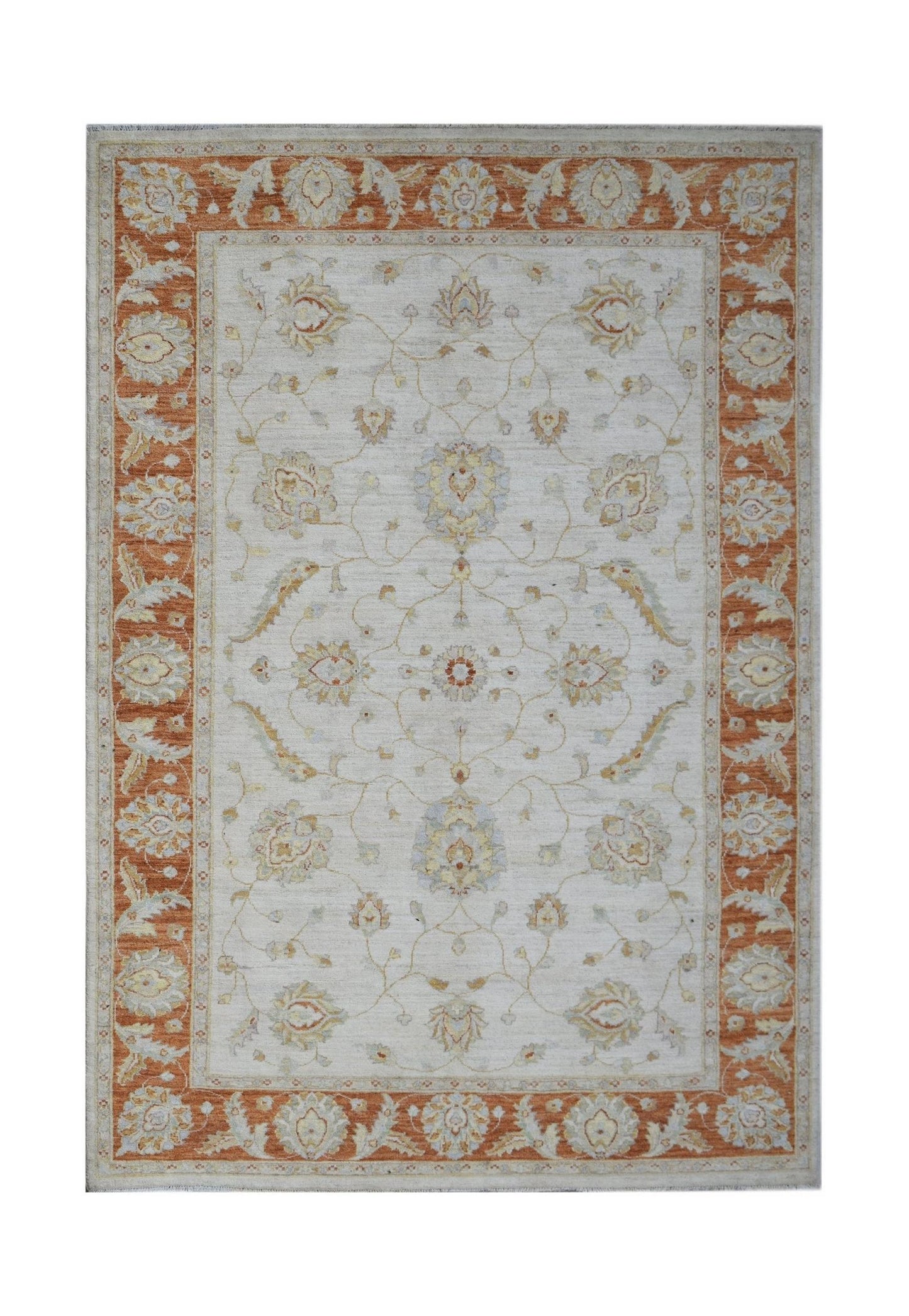 An Afghan Chobi rug featuring a traditional floral pattern in soft earth tones on a cream field.