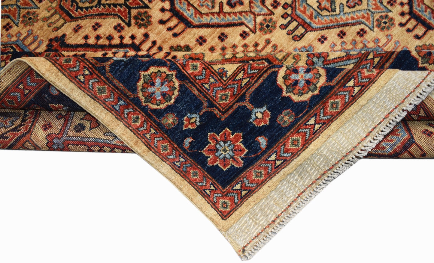 A handwoven Afghan Chobi rug featuring a traditional floral pattern in blue, red, and beige tones.