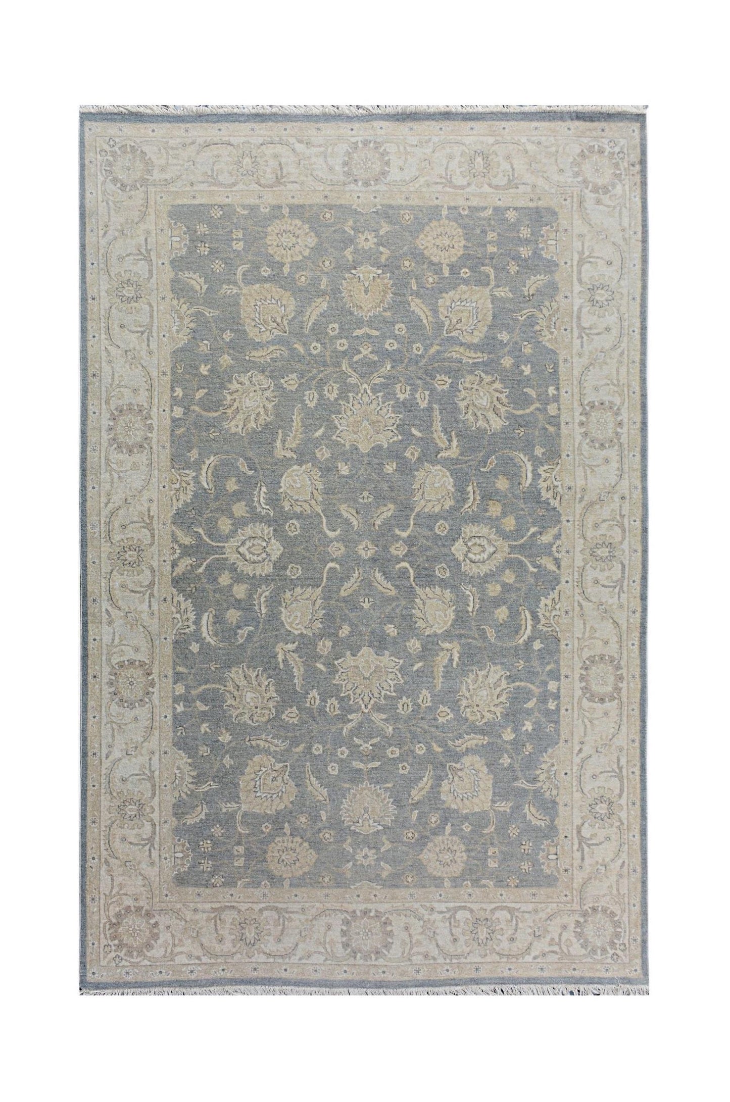 A rectangular Afghan Chobi rug featuring a traditional floral pattern in blue and beige tones.