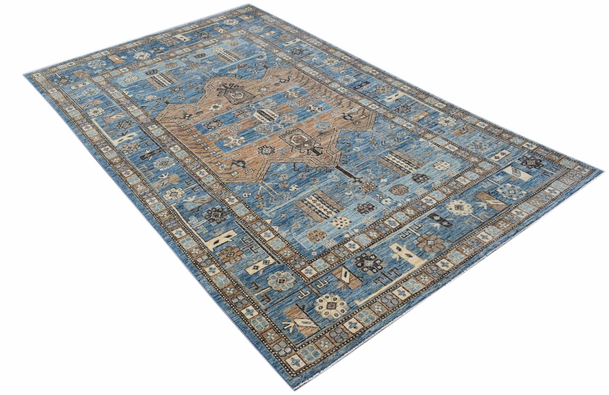 A rectangular Afghan Chobi rug featuring a traditional blue and tan geometric pattern.
