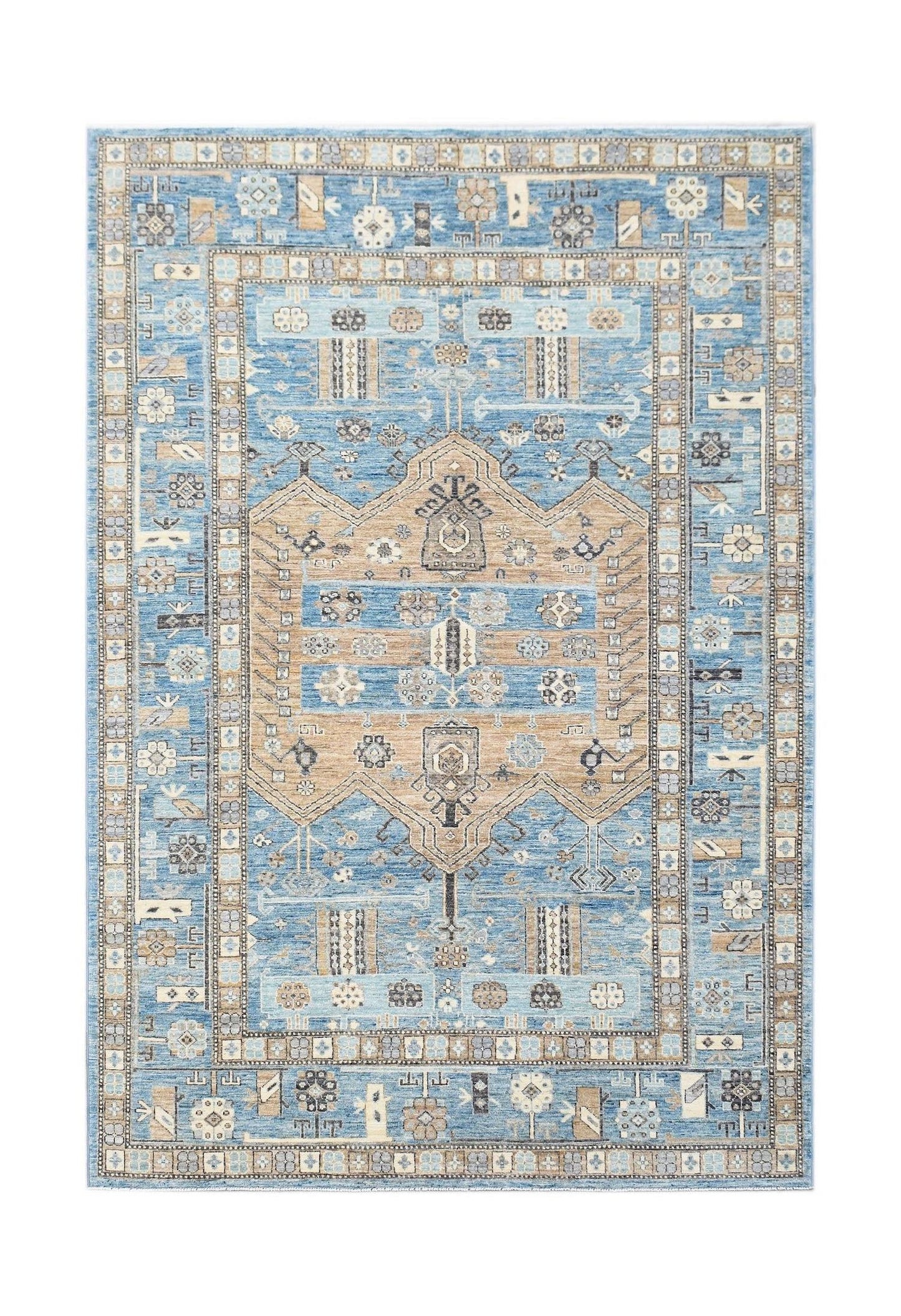Handwoven Afghan Chobi rug featuring a traditional geometric pattern in blue and tan tones.
