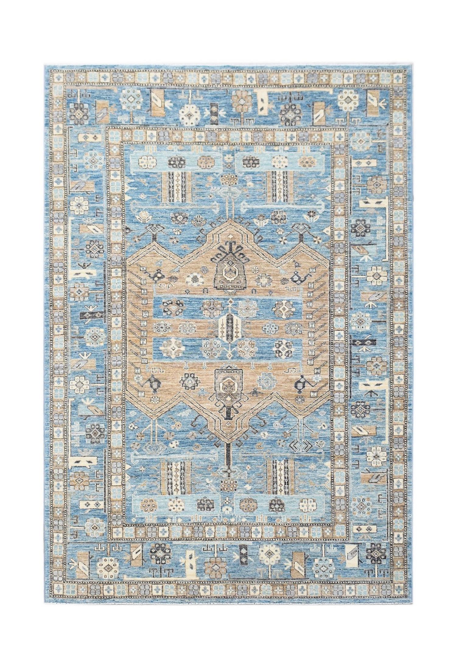 Handwoven Afghan Chobi rug featuring a traditional geometric pattern in blue and tan tones.