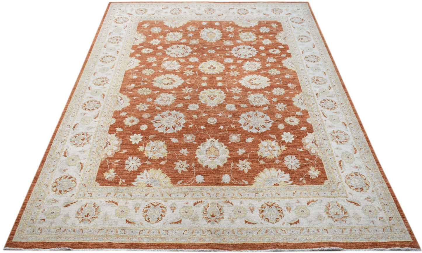 A rectangular Afghan Chobi rug featuring a floral pattern in shades of rust, cream, and beige.