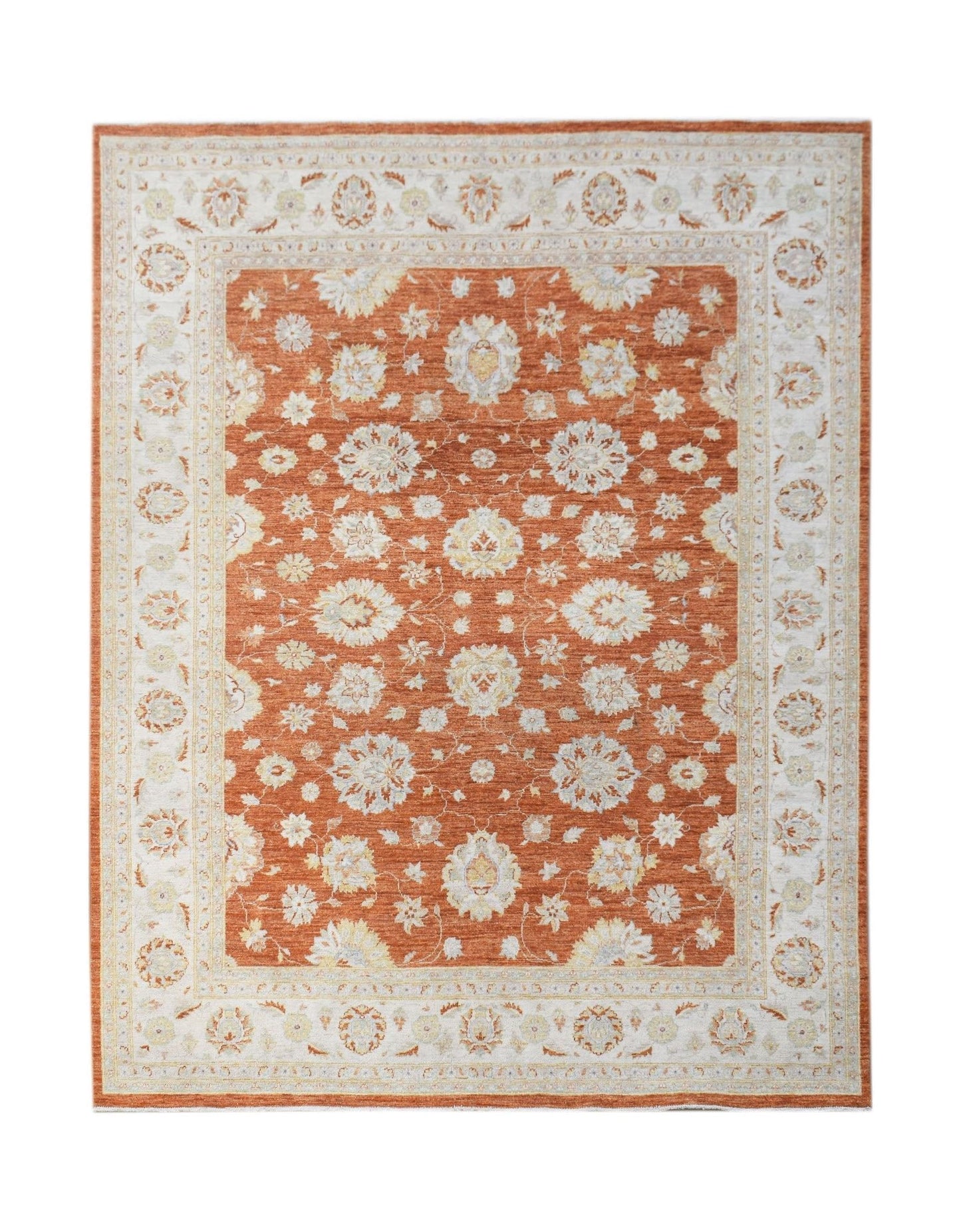 A handmade Afghan Chobi rug featuring a floral pattern in shades of orange, cream, and beige.