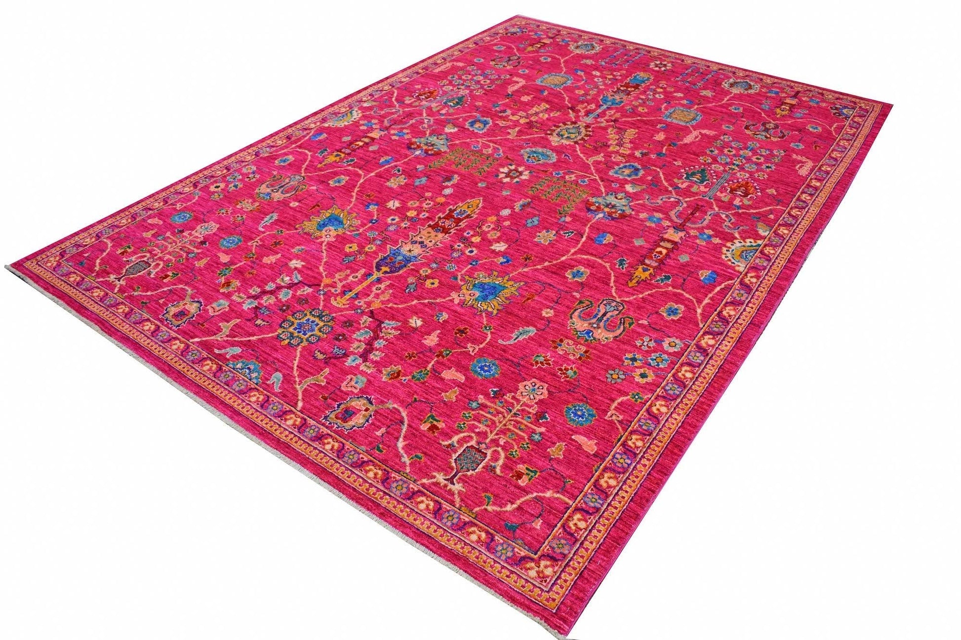 A rectangular Afghan Chobi rug featuring intricate floral patterns in vibrant pink and blue tones.