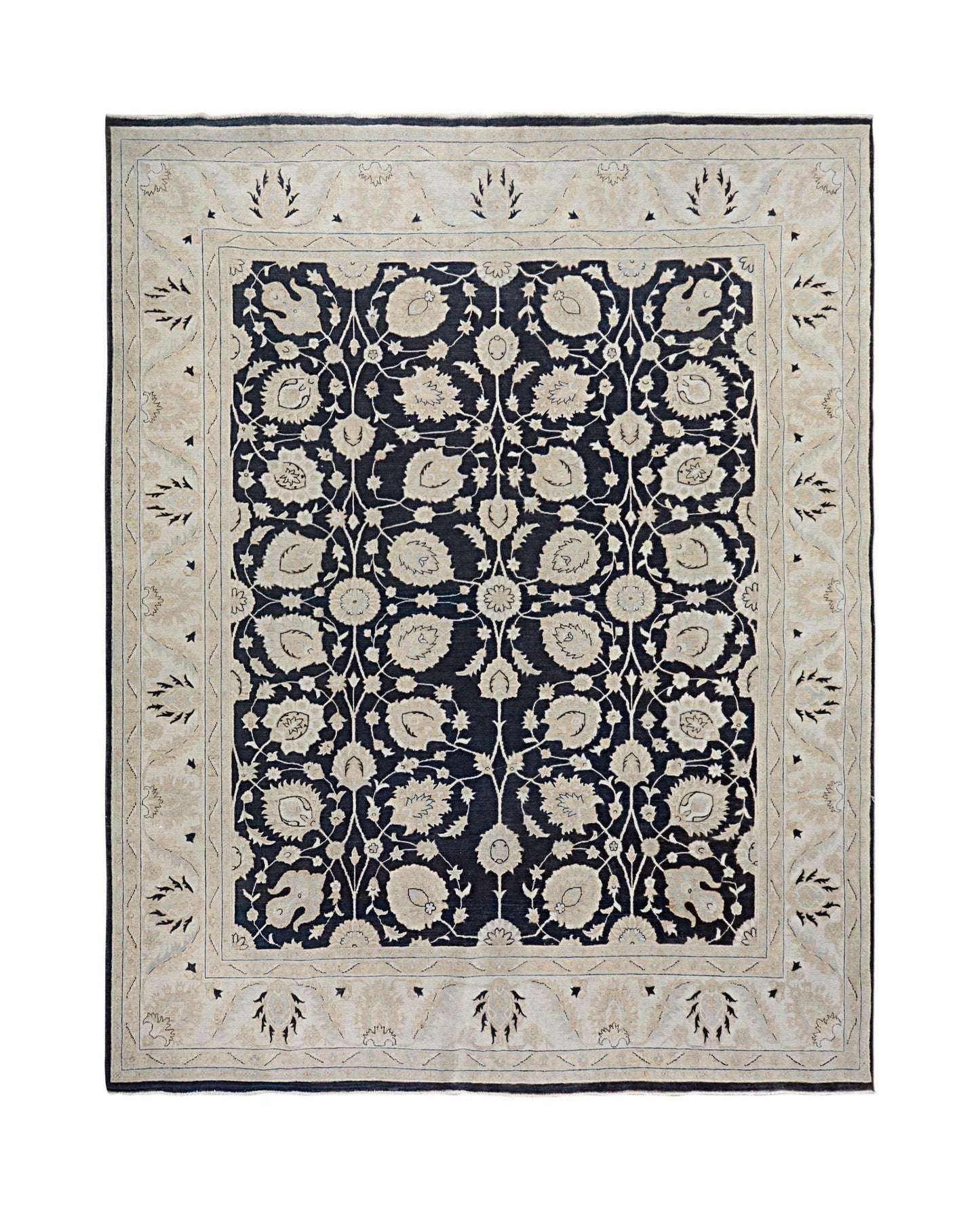 An Afghan Chobi rug featuring a dark blue field with intricate floral patterns and a beige border.
