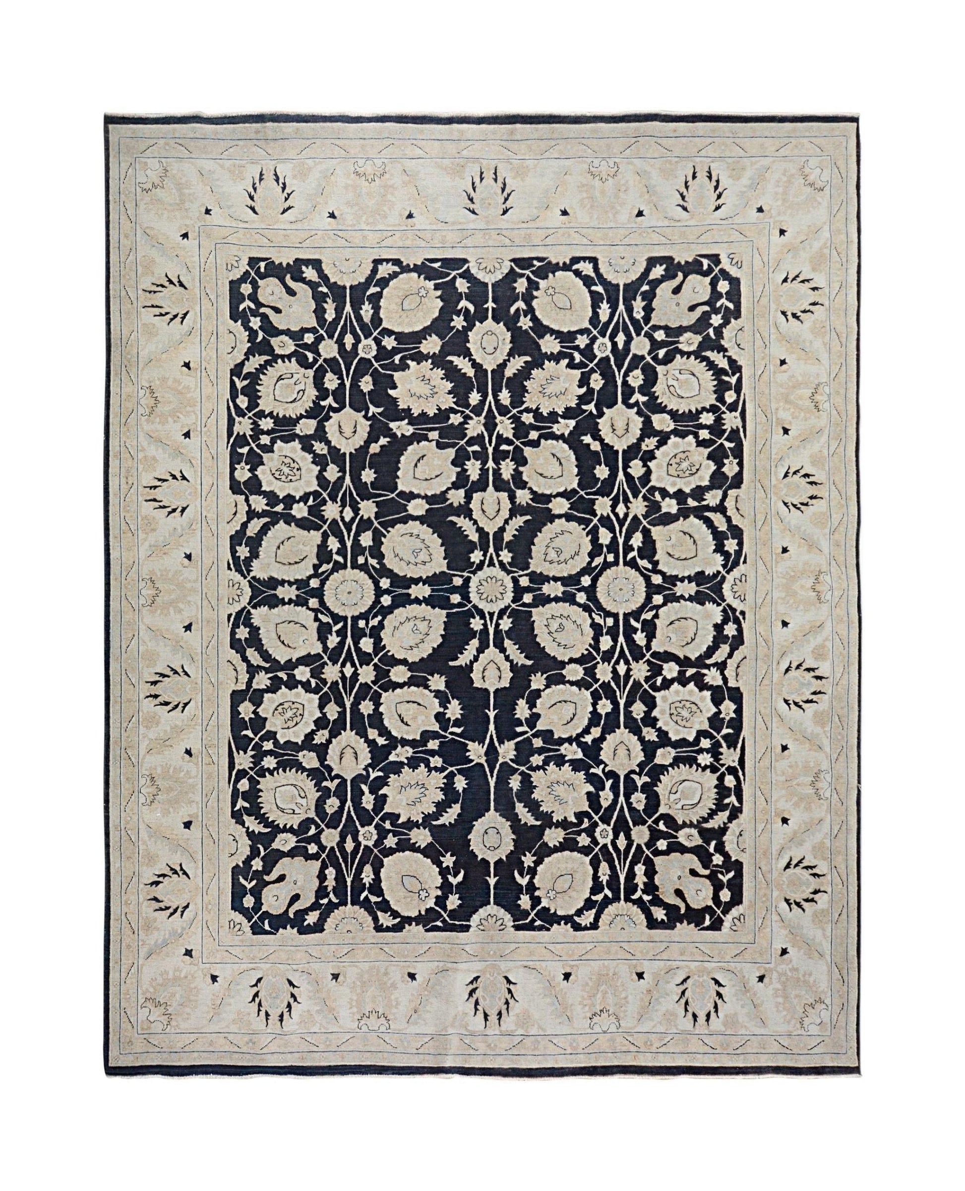 An Afghan Chobi rug featuring a dark blue field with intricate floral patterns and a beige border.