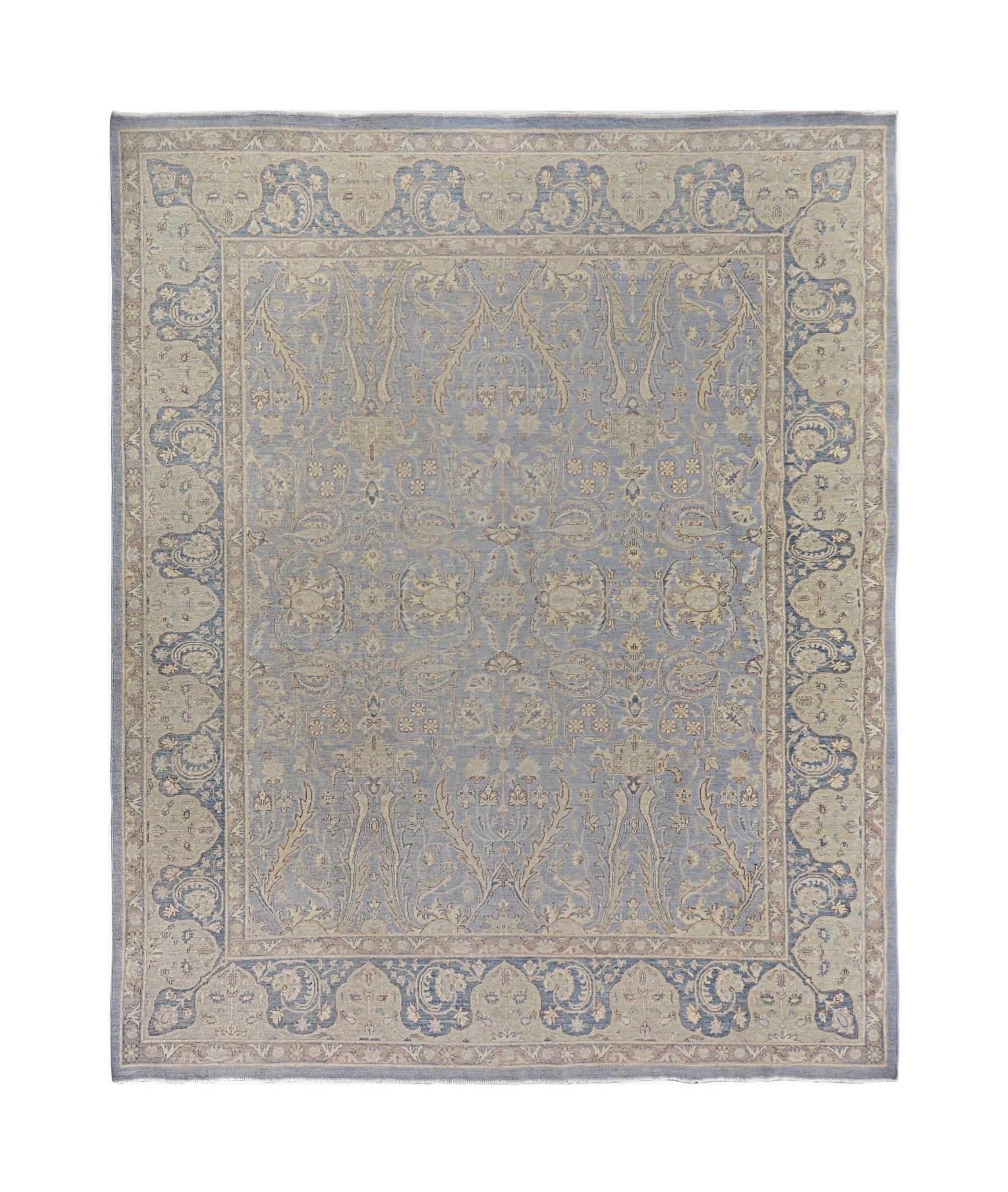 Handmade Afghan Chobi rug featuring a traditional floral pattern in shades of blue and beige.