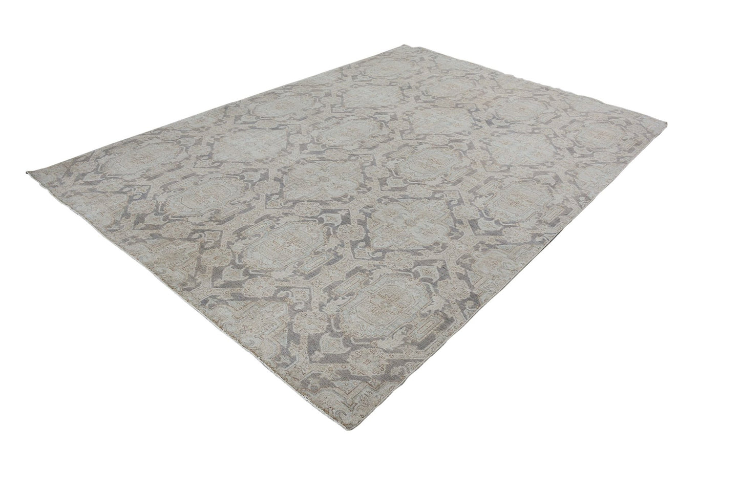 An Afghan Chobi rug featuring a traditional geometric pattern in neutral beige and grey tones.