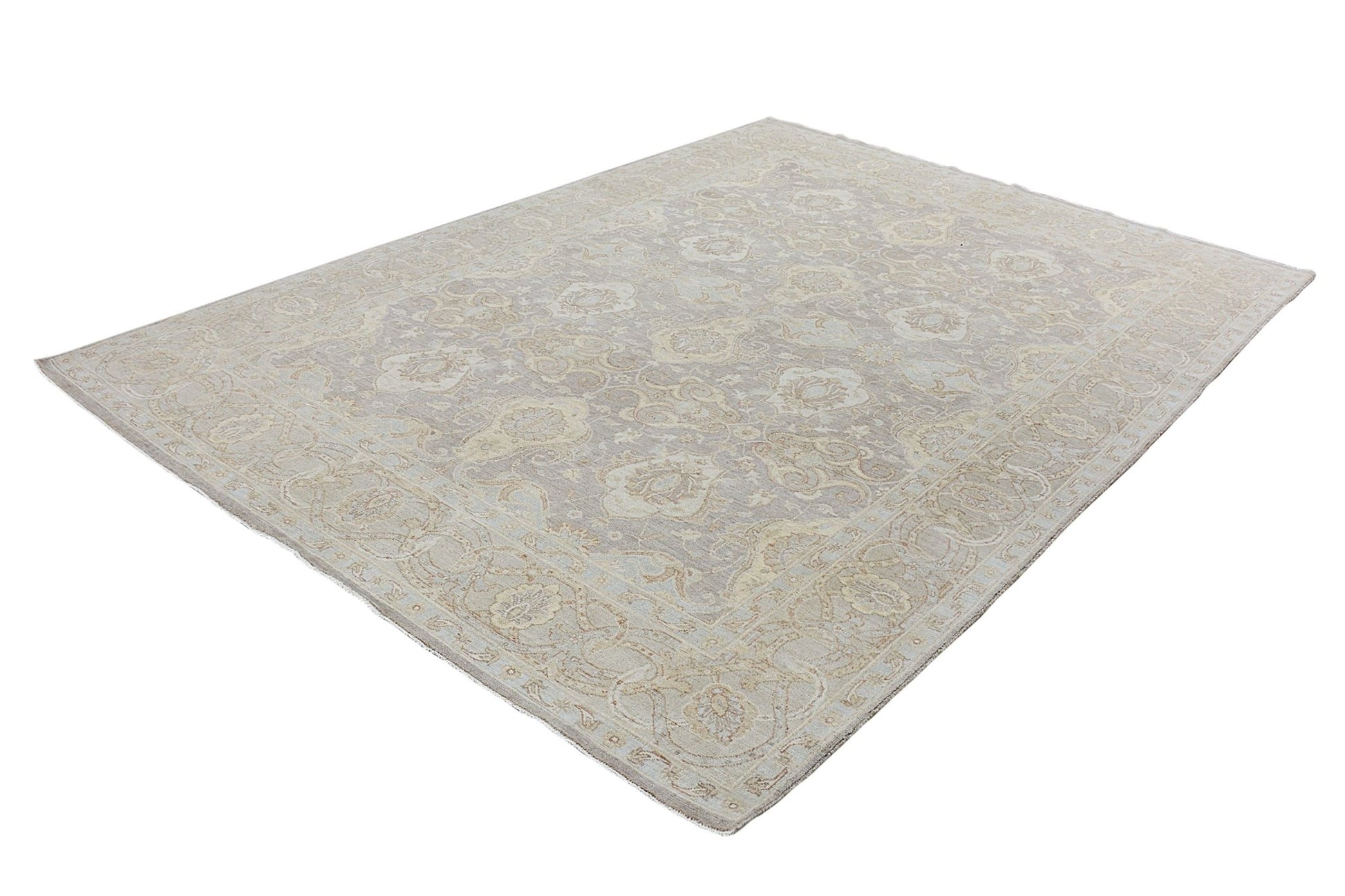 A handmade Afghan Chobi rug featuring a traditional floral pattern in neutral beige and grey tones.