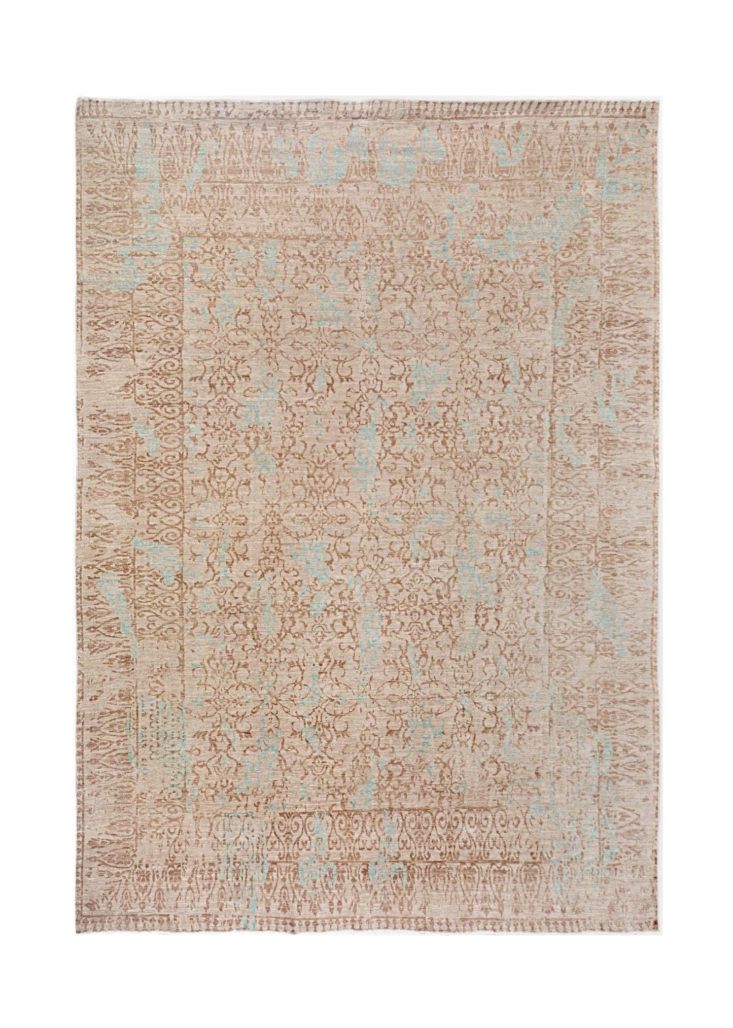 A handmade Afghan Chobi rug featuring a traditional floral pattern in beige and soft blue tones.