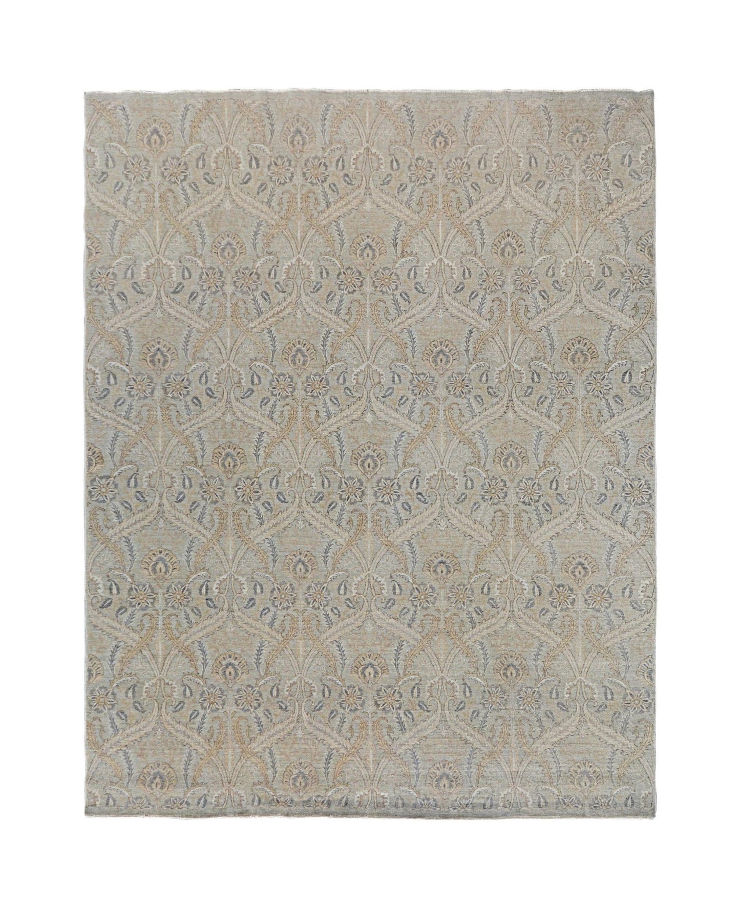 A handmade Afghan Chobi rug featuring a traditional floral pattern in soft beige and blue tones.