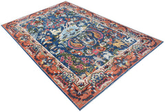 An Afghan Chobi rug featuring a blue field with intricate floral and animal motifs in a rust border.