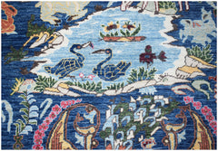 Handwoven Afghan Chobi rug featuring a blue field with intricate bird and floral motifs.