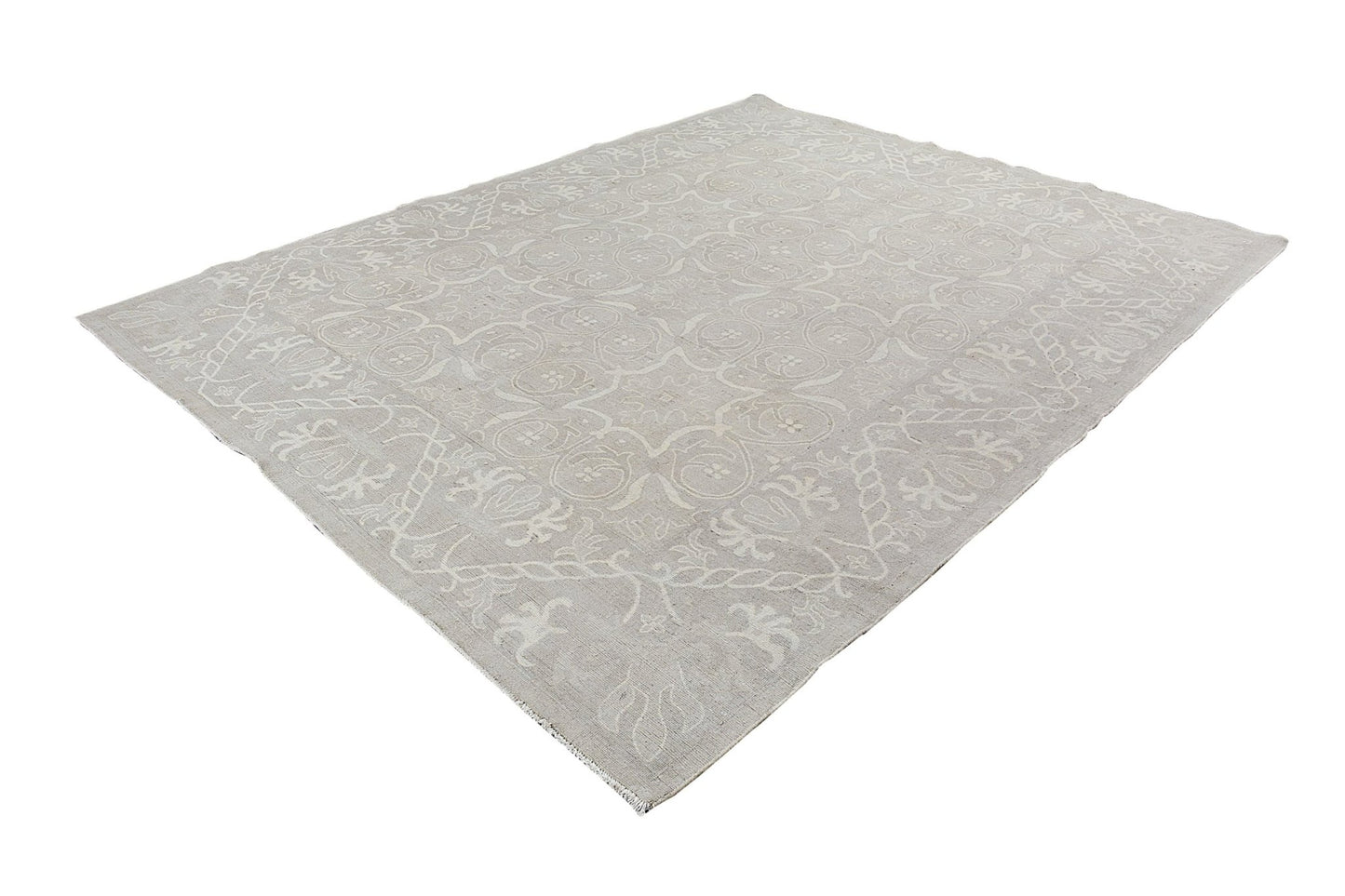 A rectangular Afghan Chobi rug featuring a traditional light beige floral pattern.