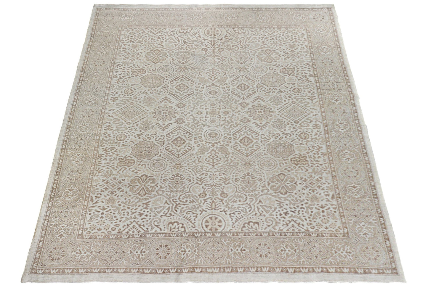 An Afghan Chobi rug featuring a traditional beige and brown geometric pattern.