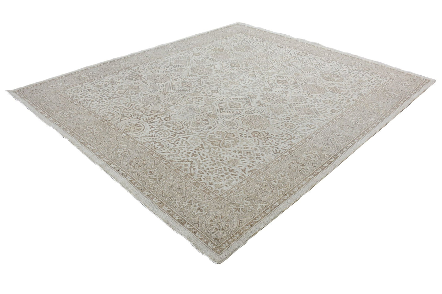 A square Afghan Chobi rug featuring a traditional beige and cream patterned design.