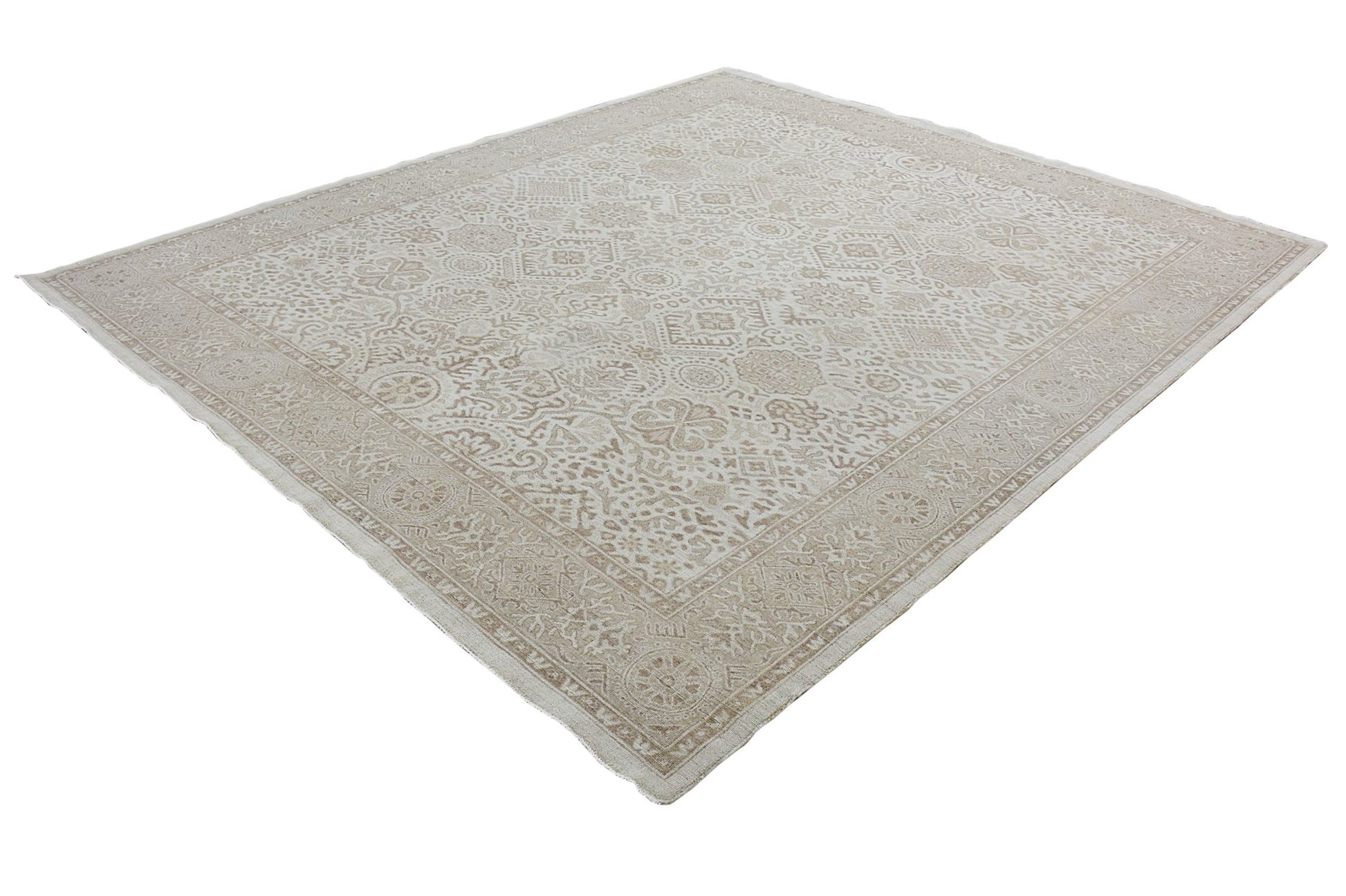A square Afghan Chobi rug featuring a traditional beige and cream patterned design.