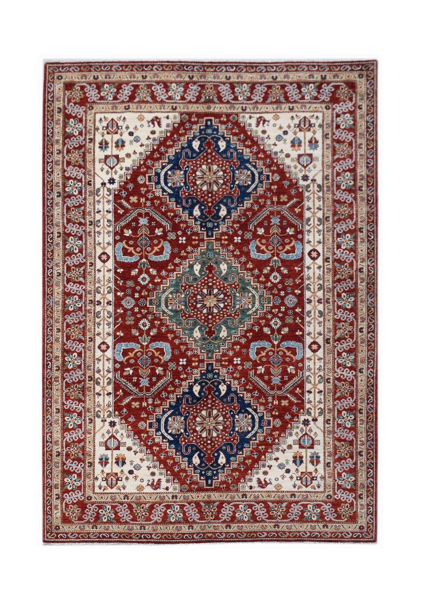 A rectangular Afghan Chobi rug featuring a traditional red field with blue and green medallions.
