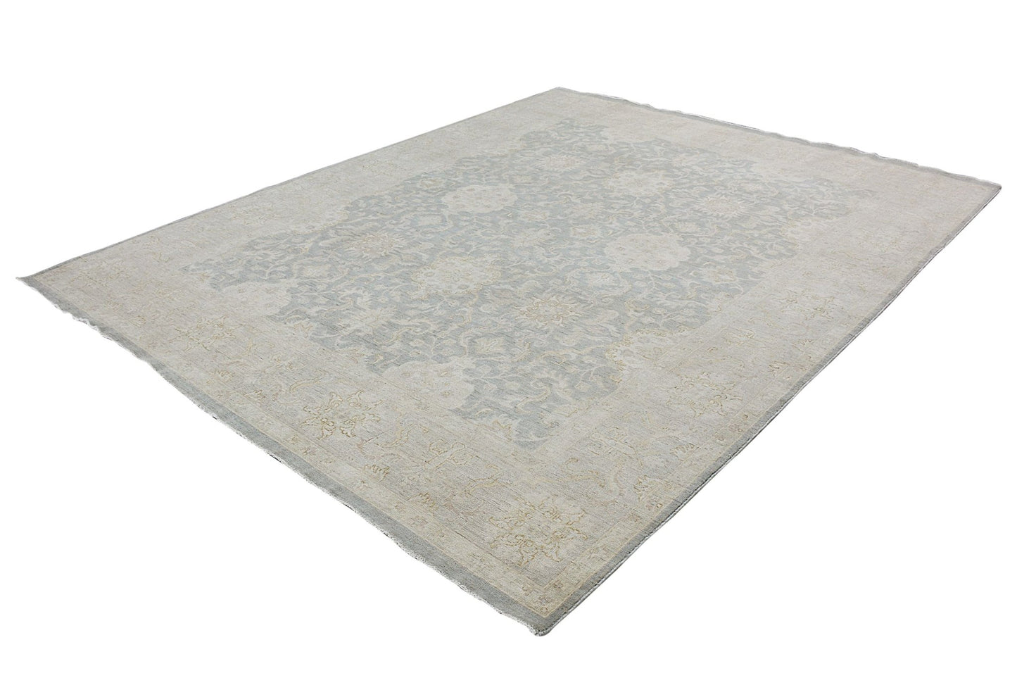 An Afghan Chobi rug featuring a traditional floral pattern in soft blue and beige tones.