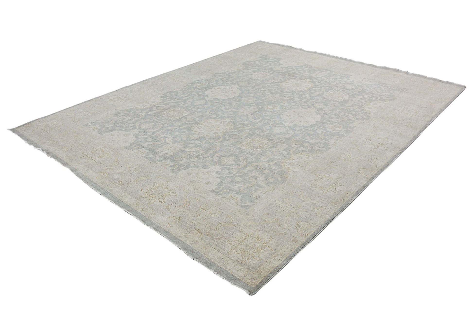 An Afghan Chobi rug featuring a traditional floral pattern in soft blue and beige tones.