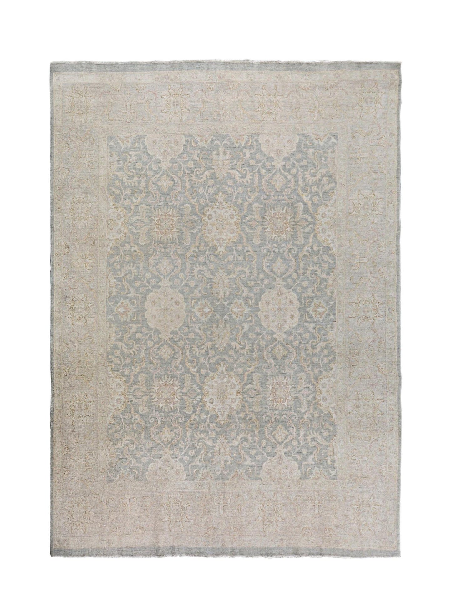 A handmade Afghan Chobi rug featuring a traditional floral pattern in soft blue and beige tones.