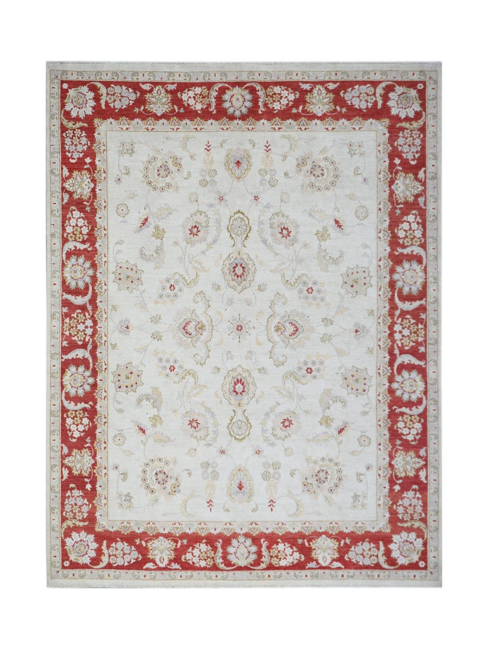 A rectangular Afghan Chobi rug featuring a cream field with floral motifs and a red border.