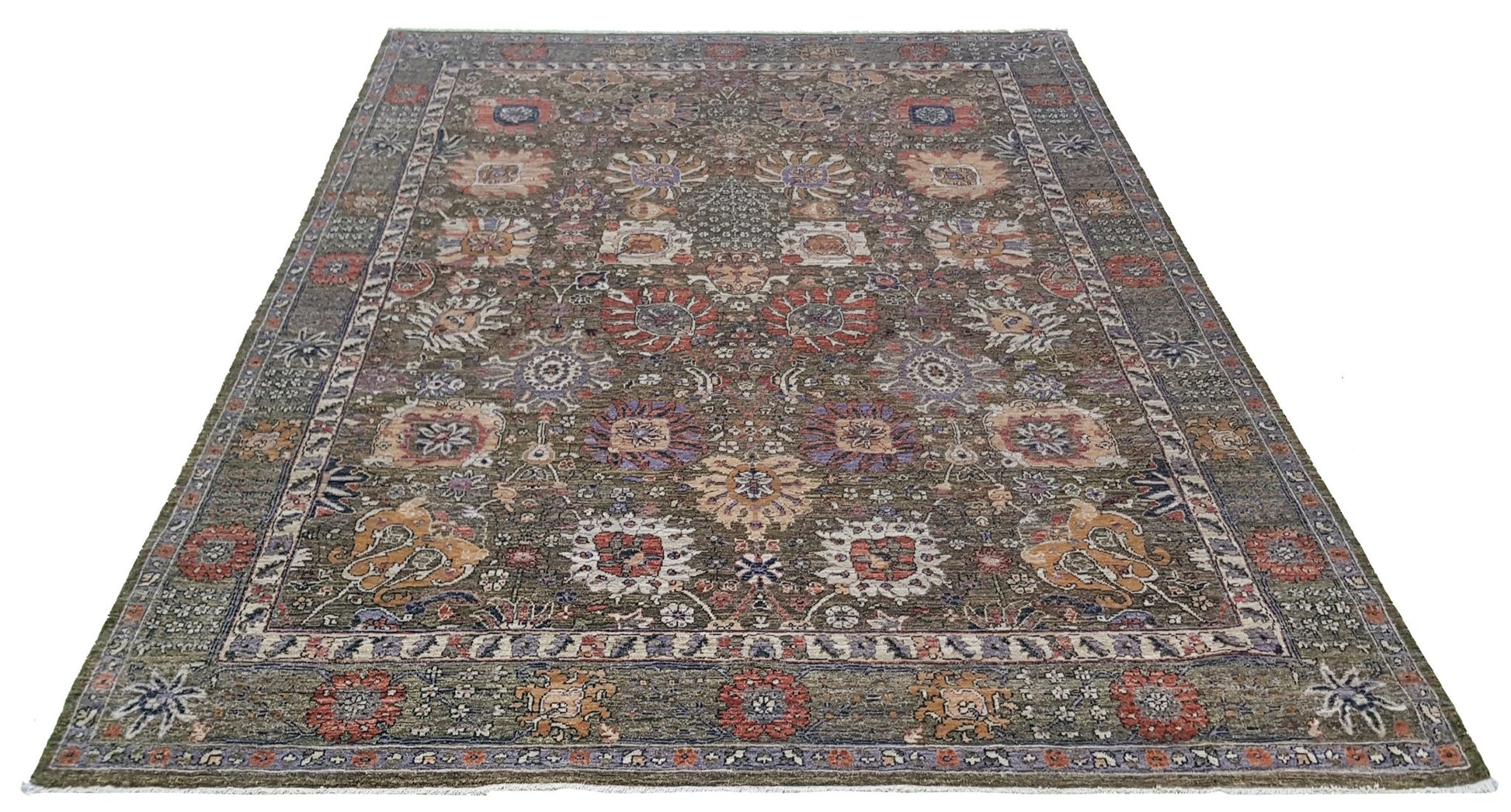 A handwoven Afghan Chobi rug featuring a traditional floral pattern in earthy, muted tones.