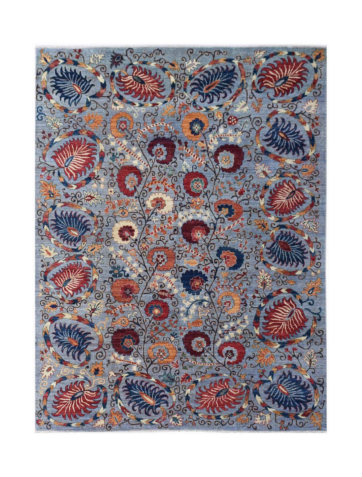 Handwoven Afghan Chobi rug featuring a floral pattern in red and blue on a light blue background.