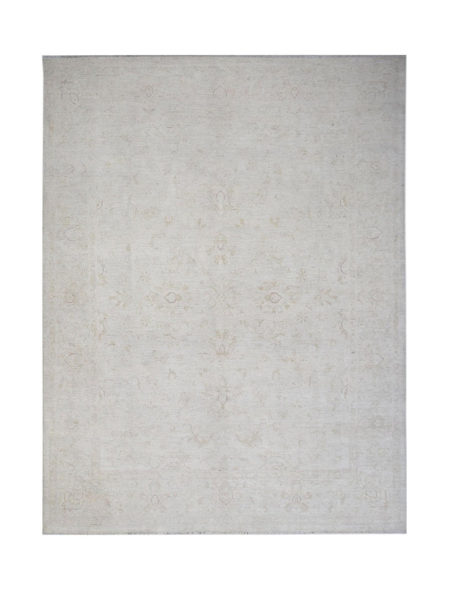 A rectangular Afghan Chobi rug featuring a subtle, light beige floral pattern on a wool pile.