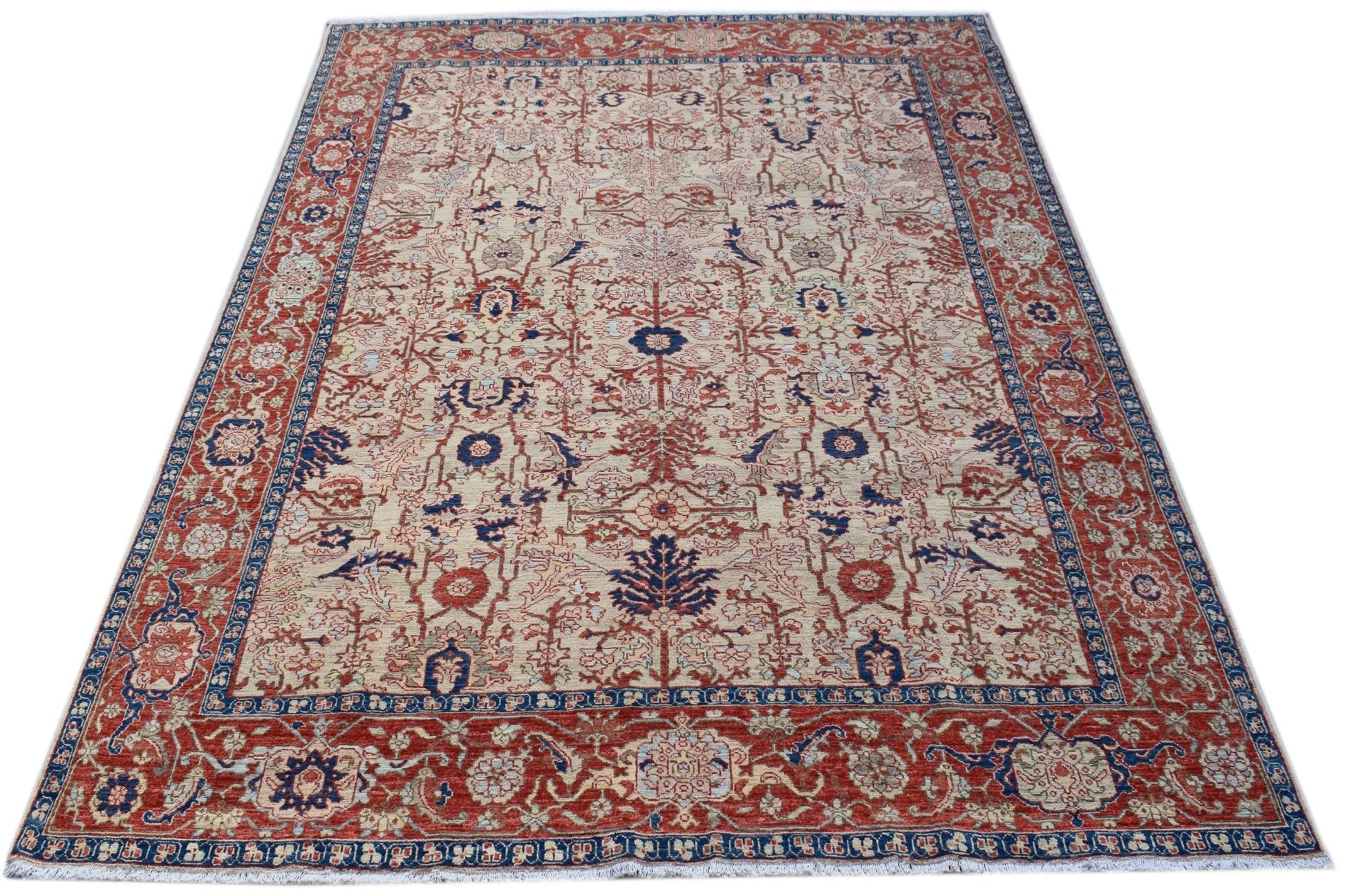 Handwoven Afghan Chobi rug featuring a traditional floral pattern in red, blue, and cream tones.