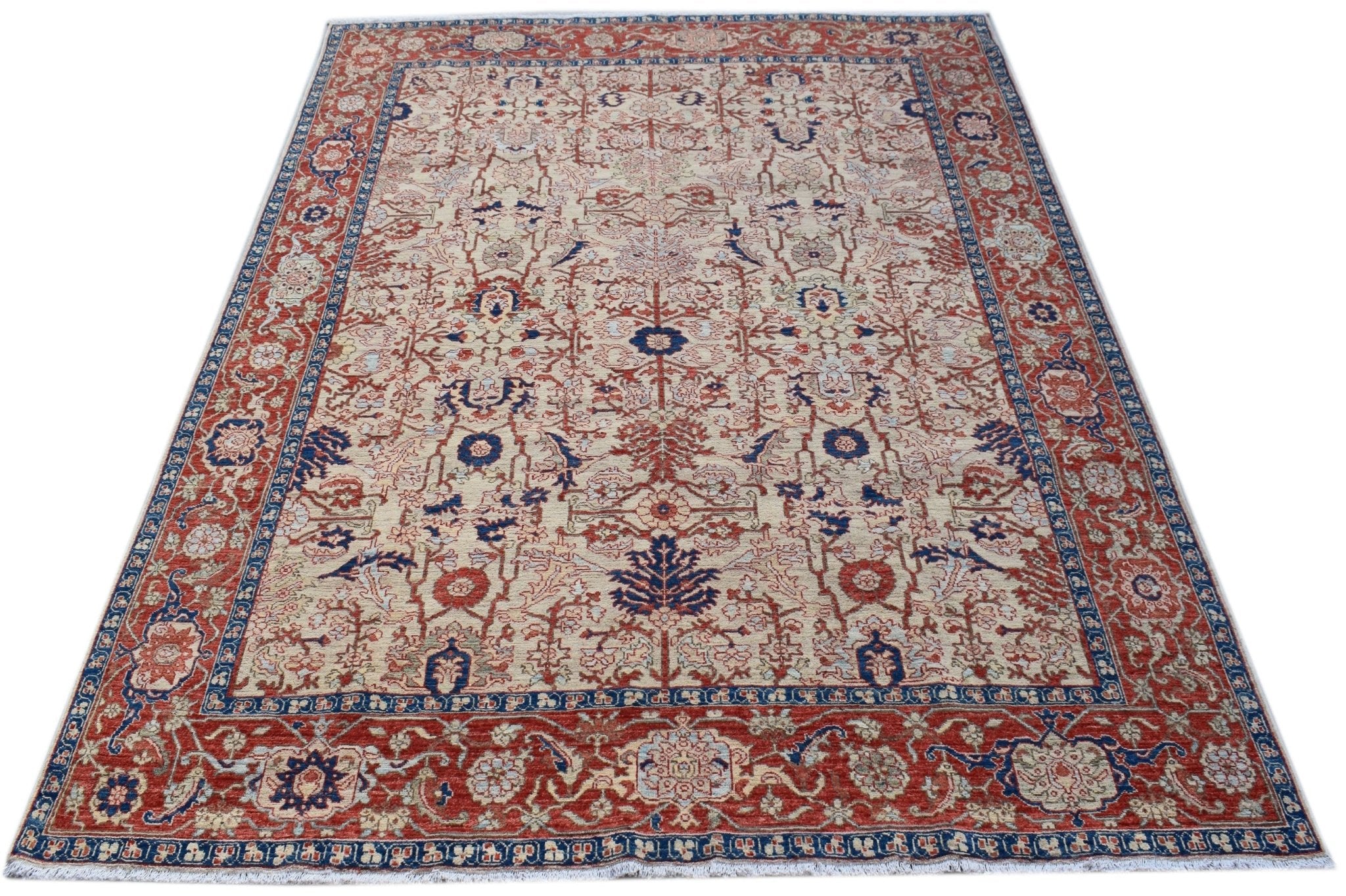 Handwoven Afghan Chobi rug featuring a traditional floral pattern in red, blue, and cream tones.