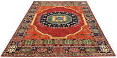 A rectangular Afghan Chobi rug featuring a traditional geometric pattern in red, blue, and green.