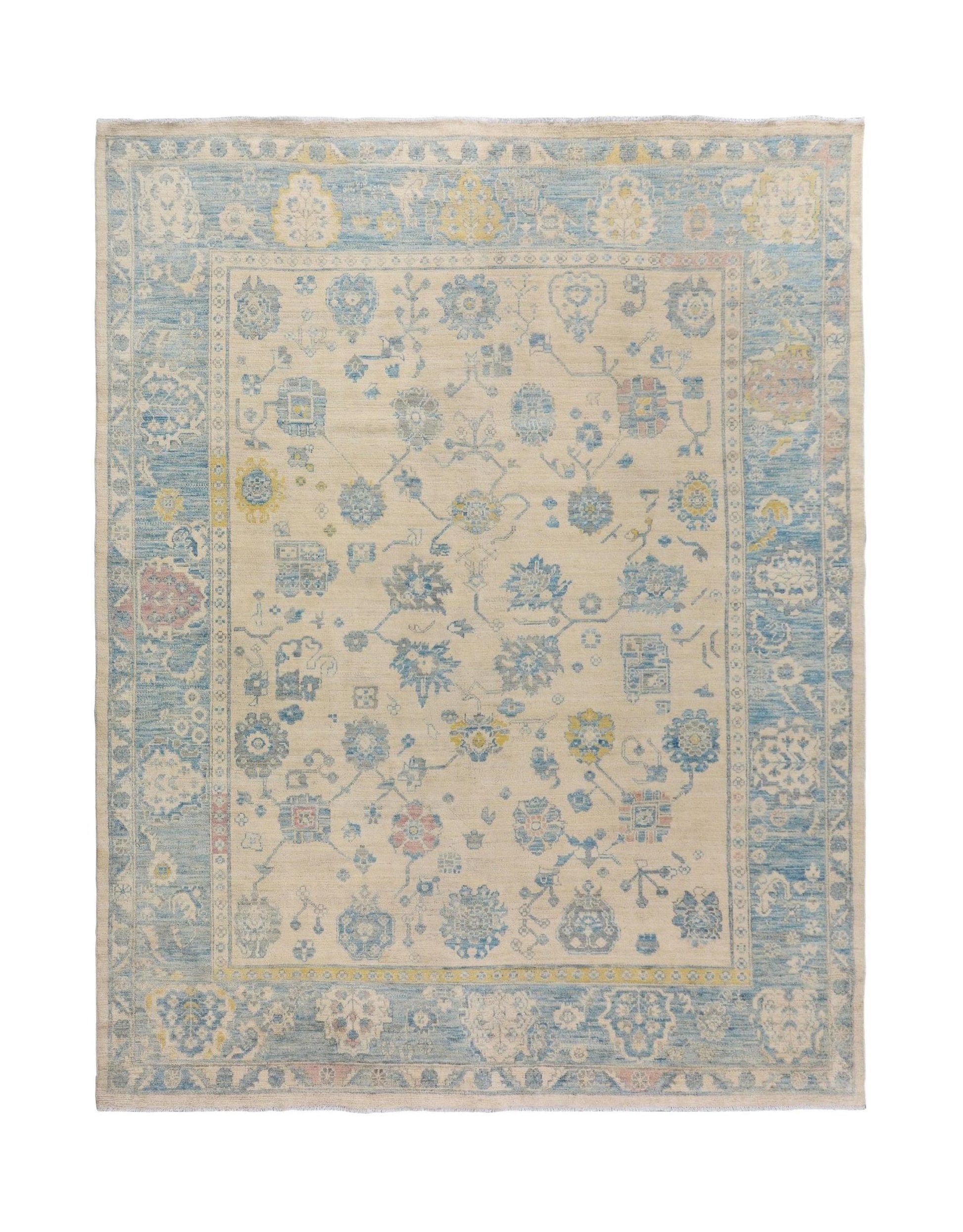 Handmade Afghan Chobi rug featuring a cream field with blue and yellow floral motifs.