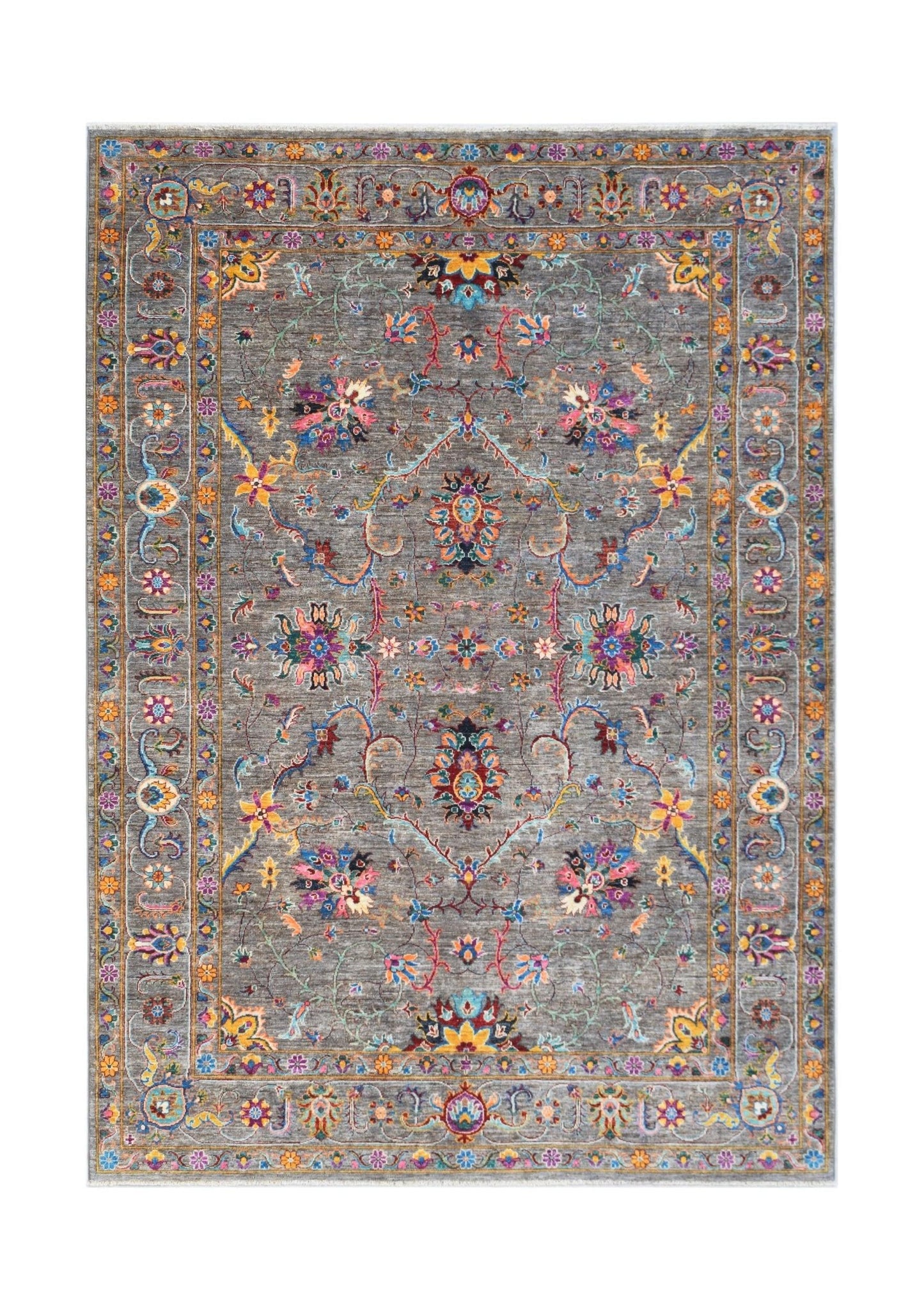 Handwoven Afghan Chobi rug featuring a traditional floral pattern in vibrant colors on a gray base.