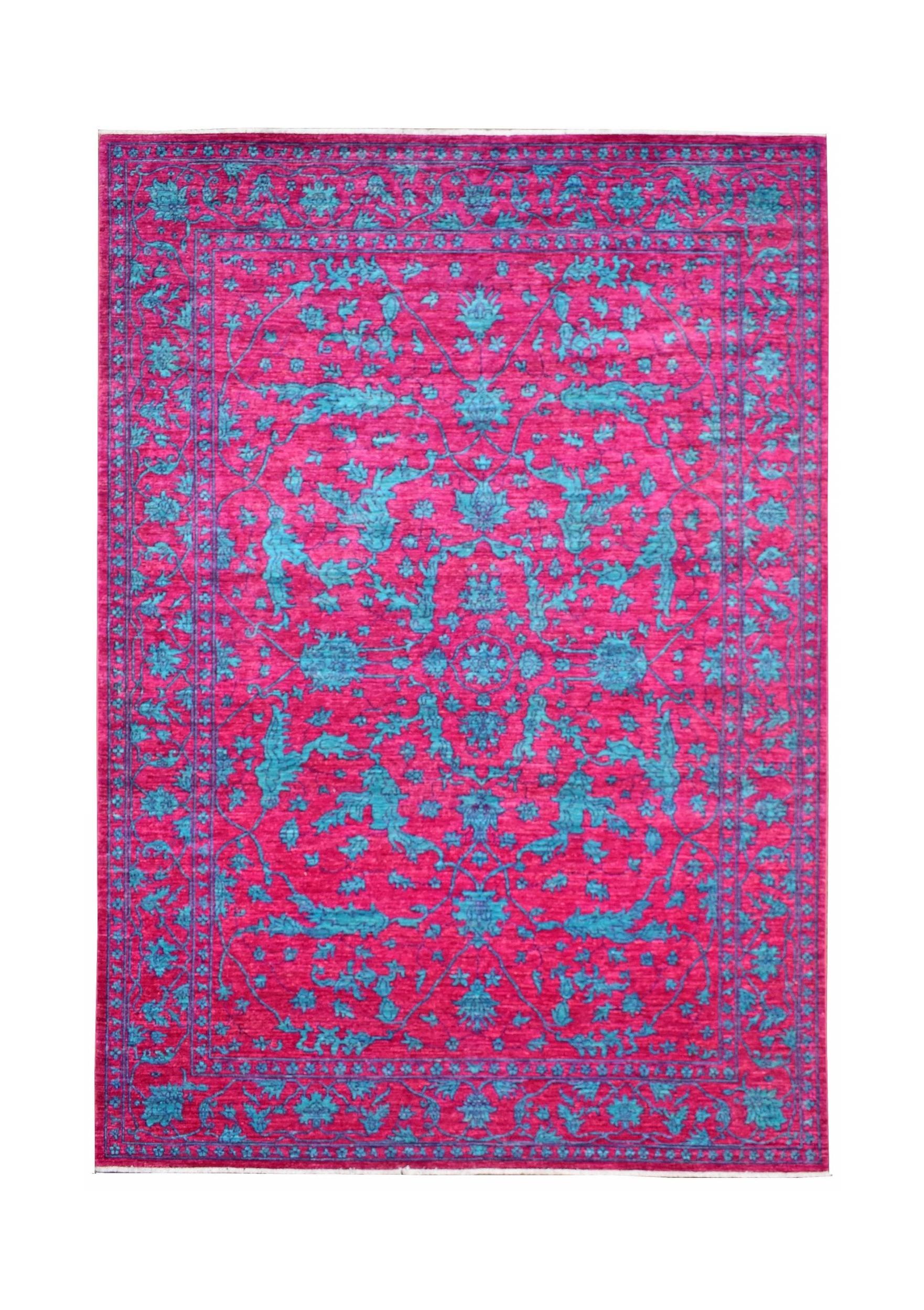 A rectangular Afghan Chobi rug featuring a vibrant magenta field with intricate teal floral motifs.