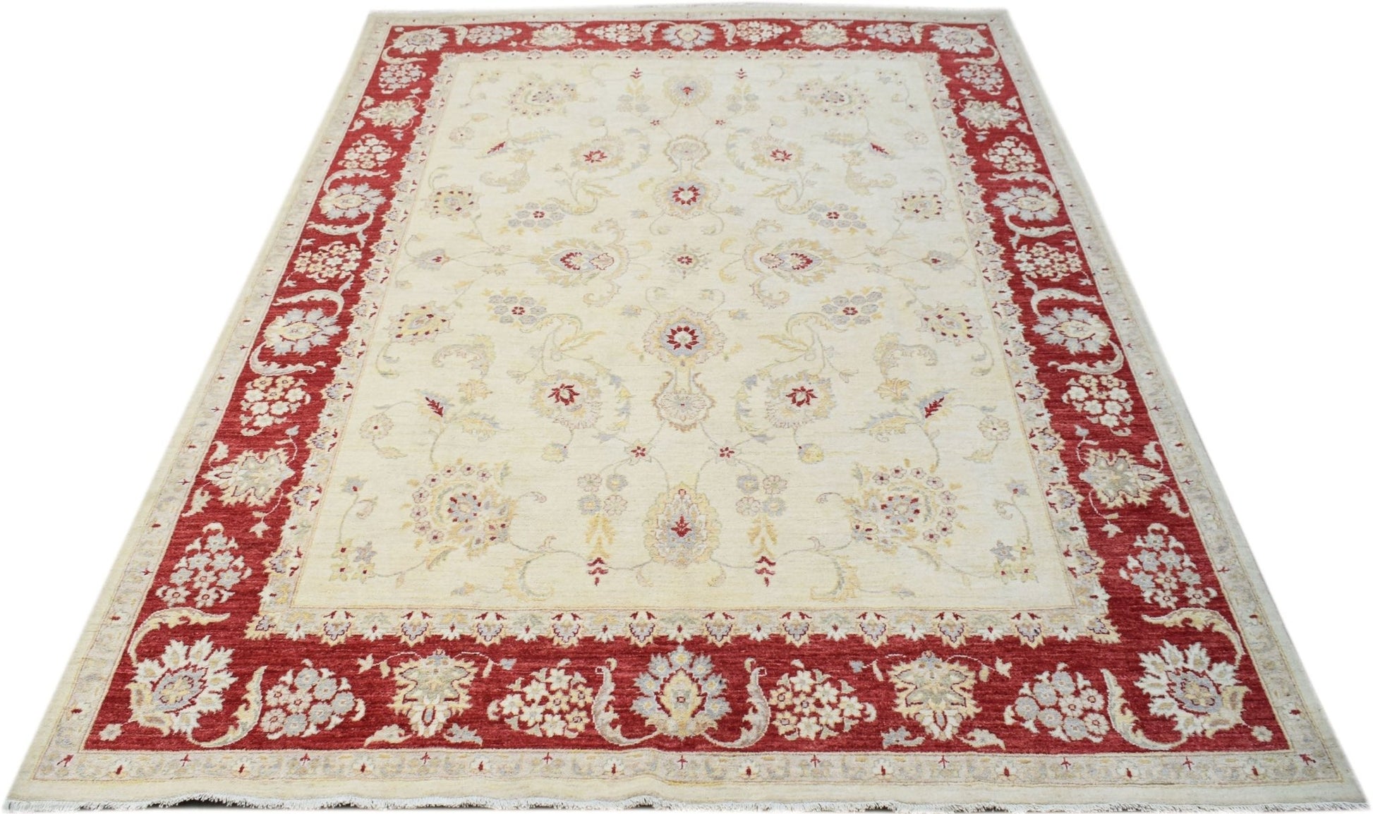 A rectangular Afghan Chobi rug featuring a cream field with floral motifs and a red border.