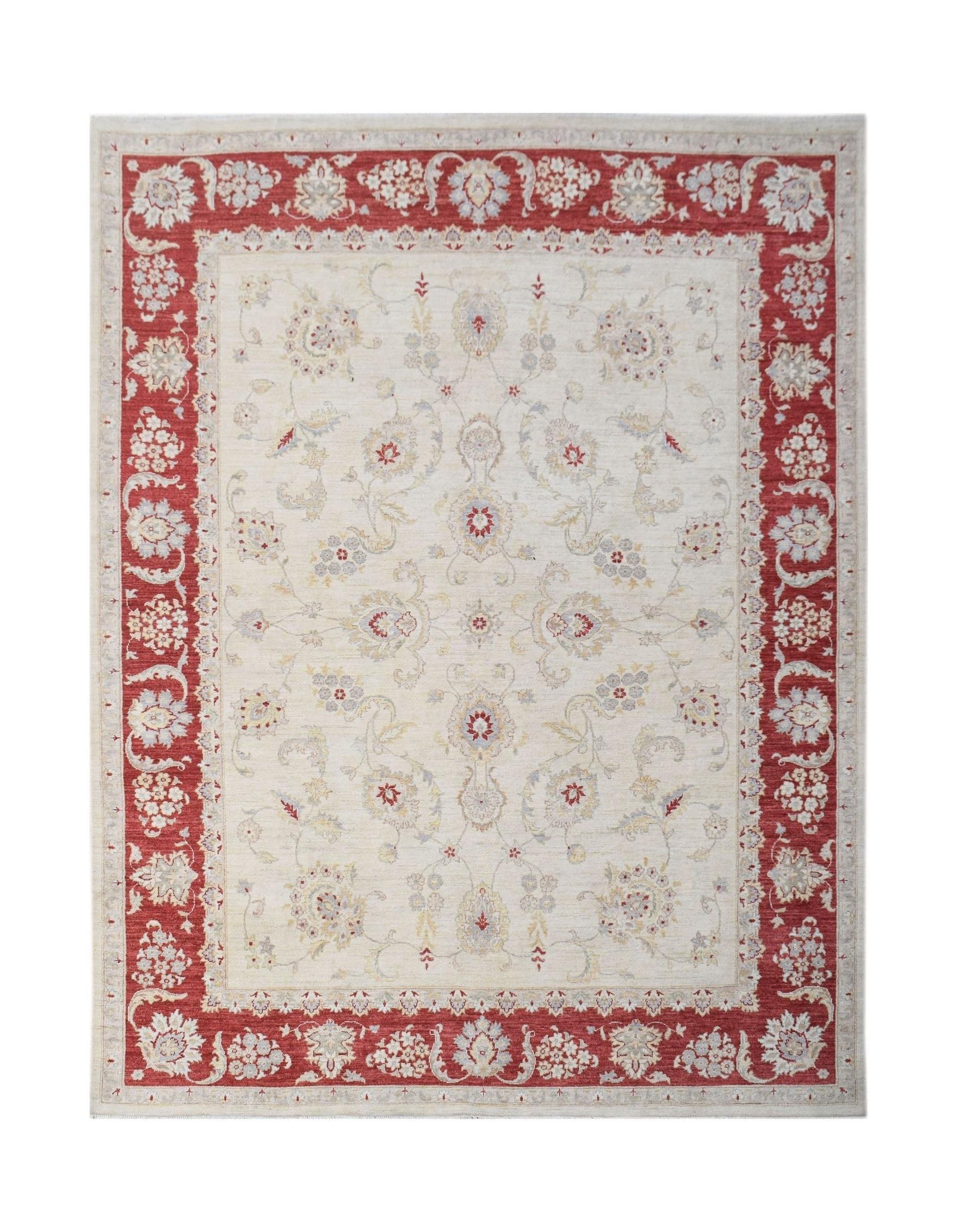Handwoven Afghan Chobi rug featuring a cream field with floral motifs and a red border.