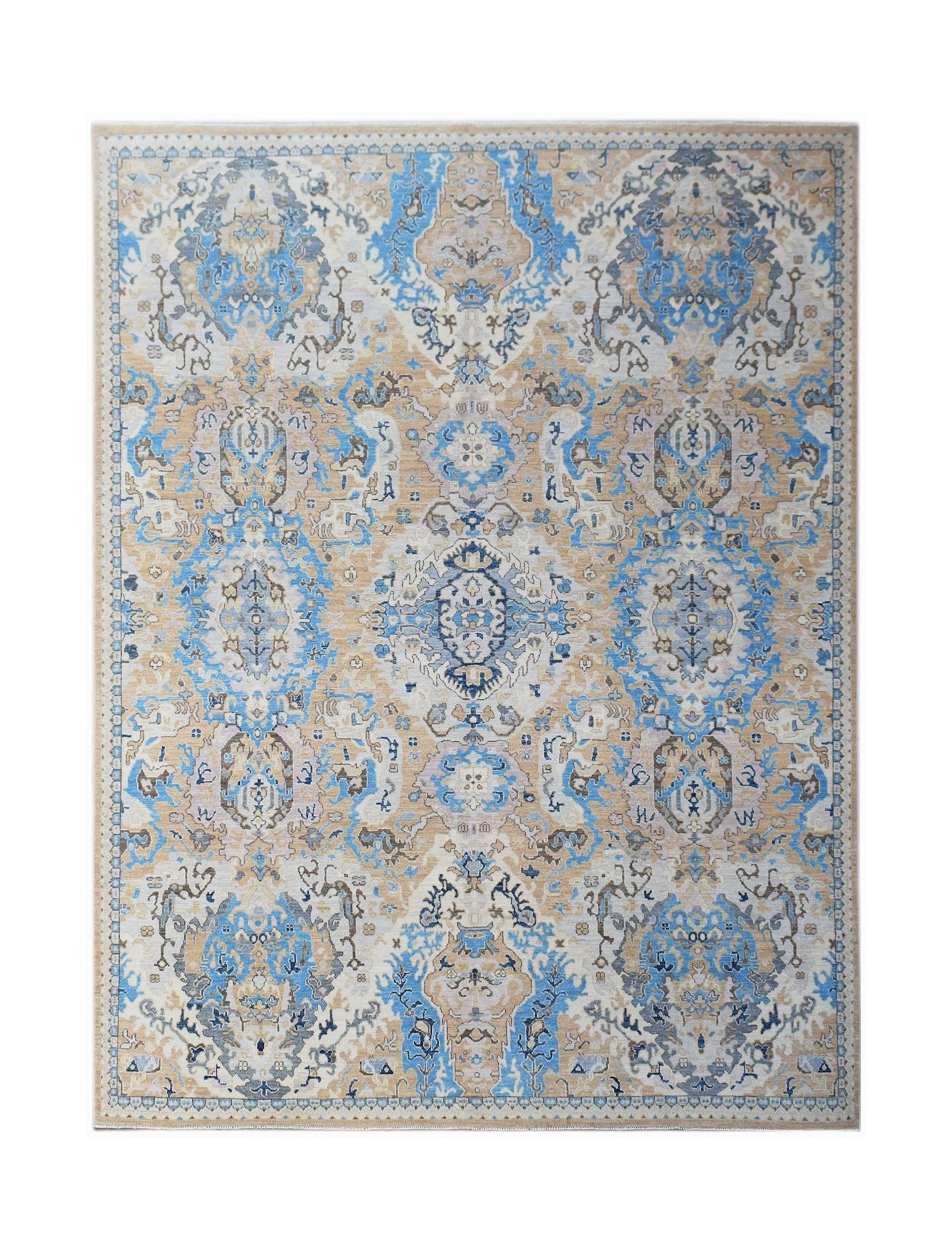 A rectangular Afghan Chobi rug featuring a traditional floral pattern in blue, beige, and grey.
