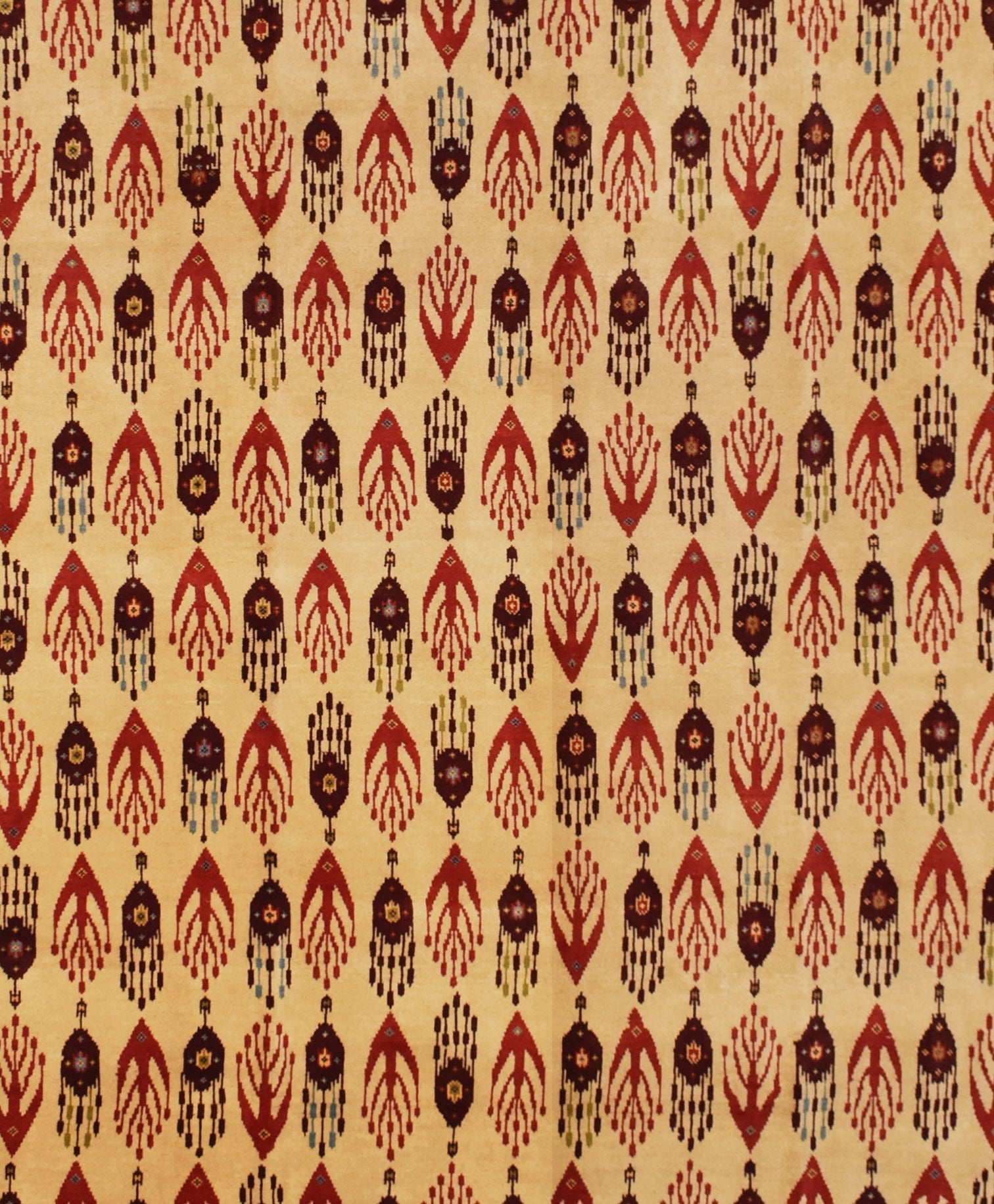 An Afghan Chobi rug featuring a repeating pattern of dark red and brown geometric motifs on a tan background.