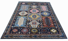 A rectangular Afghan Chobi rug featuring a dark blue field with colorful geometric patterns.