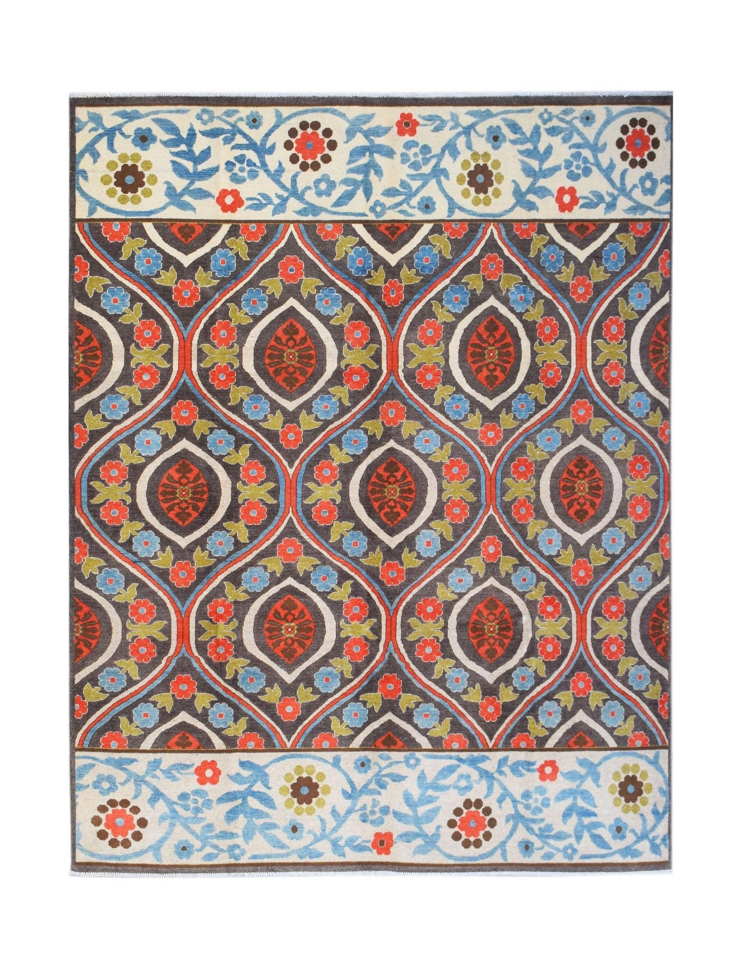 Handwoven Afghan Chobi rug featuring a dark grey diamond pattern with red and blue floral motifs.