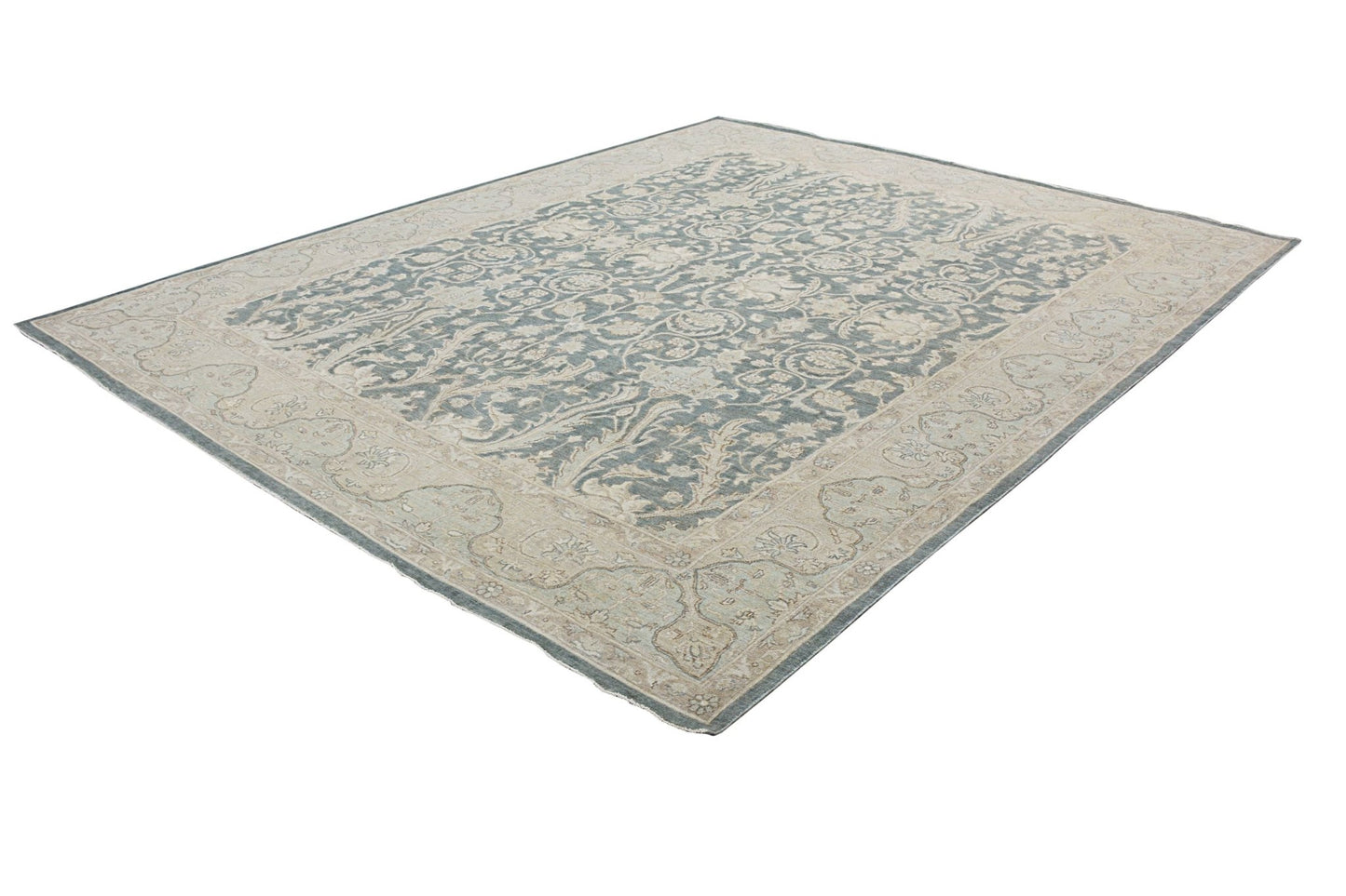 A handmade Afghan Chobi rug featuring a traditional floral pattern in blue and beige tones.