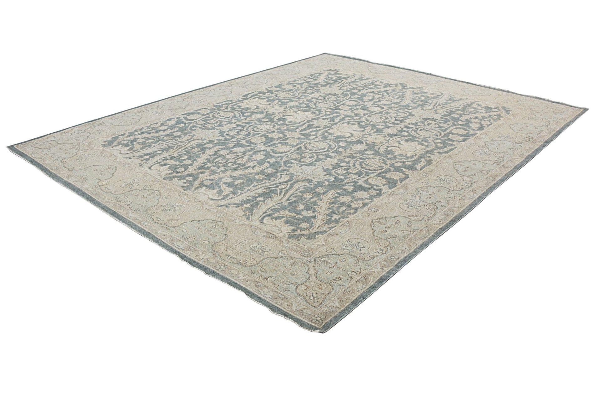 A handmade Afghan Chobi rug featuring a traditional floral pattern in blue and beige tones.