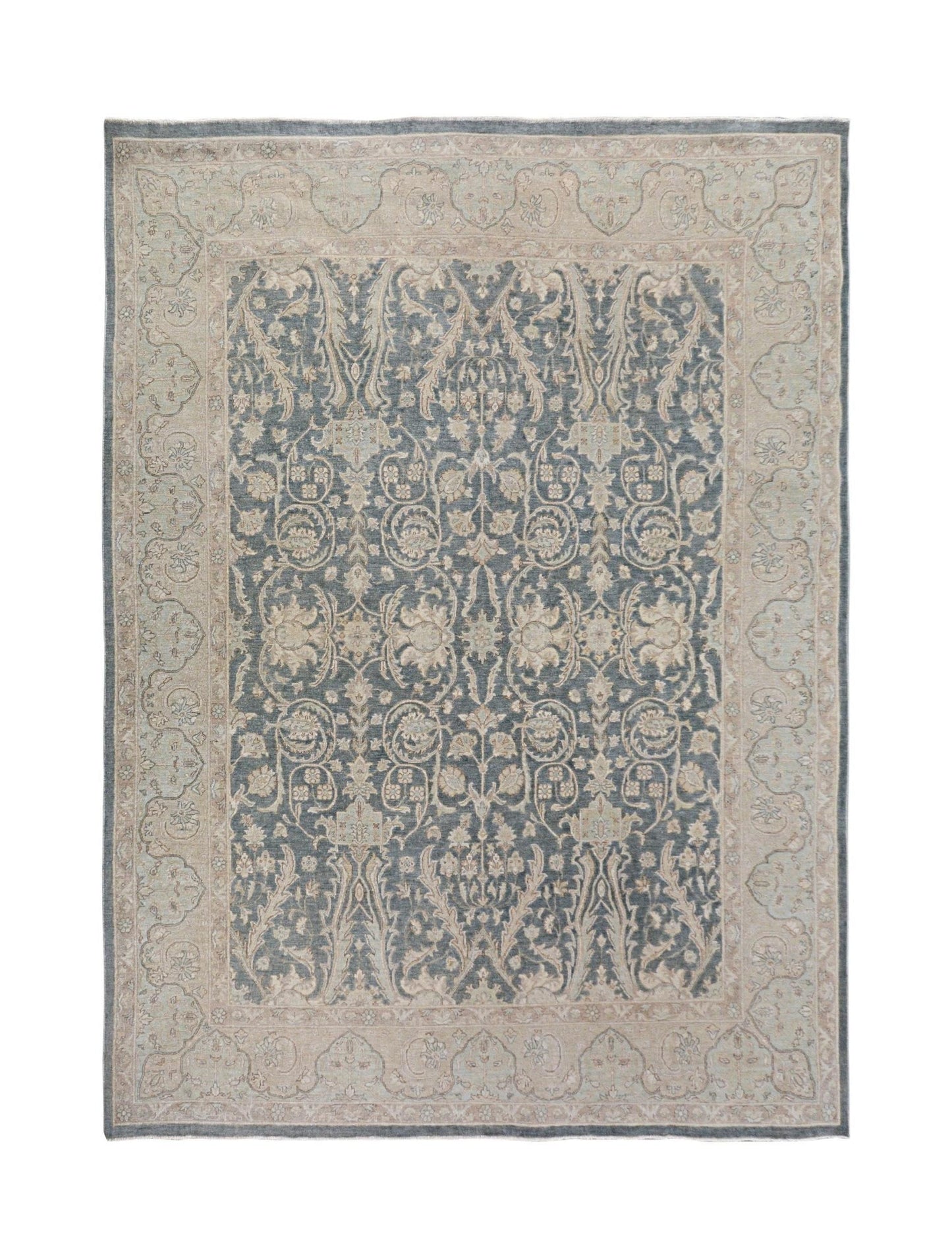 A rectangular Afghan Chobi rug featuring a blue field with intricate beige floral patterns.