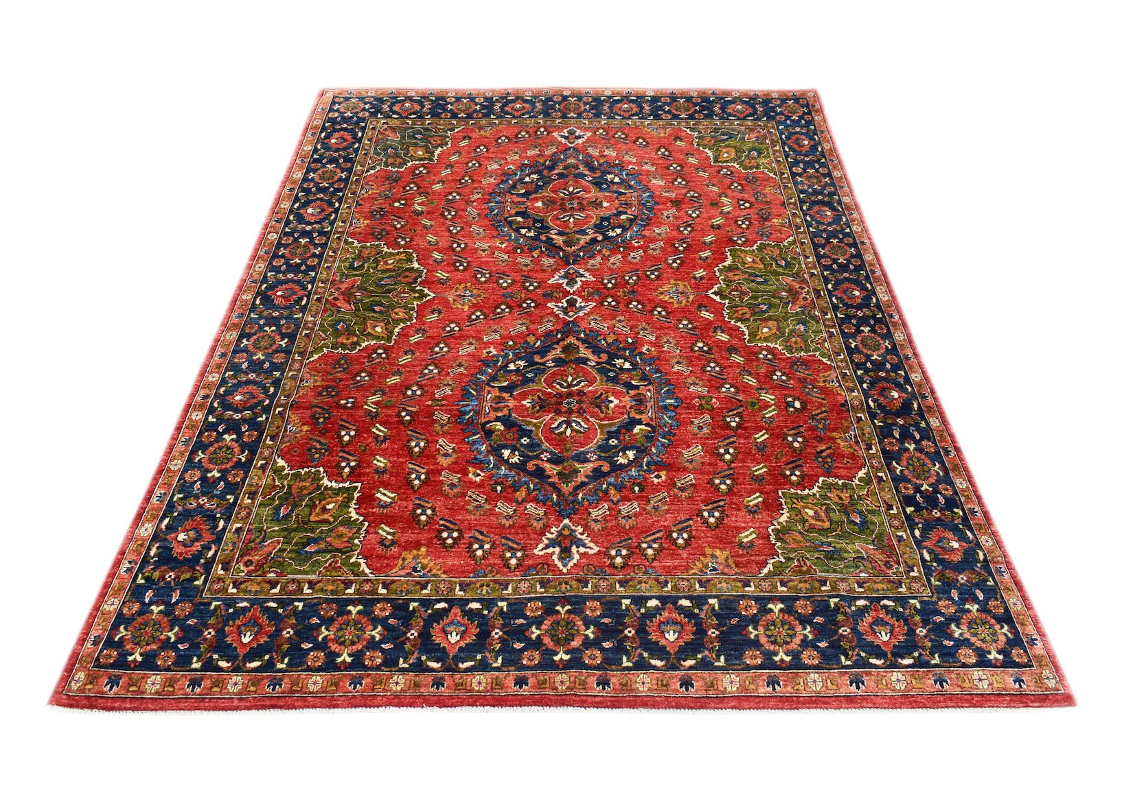 A rectangular Afghan Chobi rug featuring a traditional red field with blue and green floral motifs.