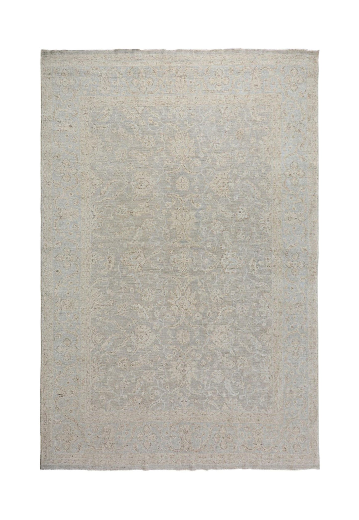 A handmade Afghan Chobi rug featuring a traditional floral pattern in soft beige and grey tones.