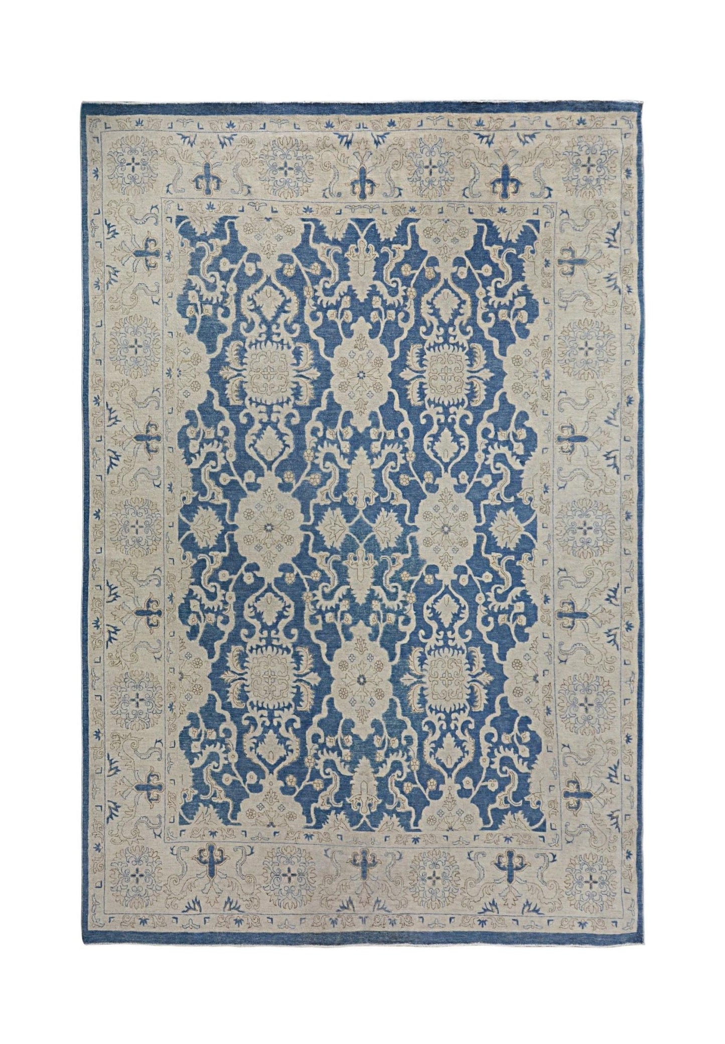 Handmade Afghan Chobi rug featuring a traditional blue and beige floral pattern.