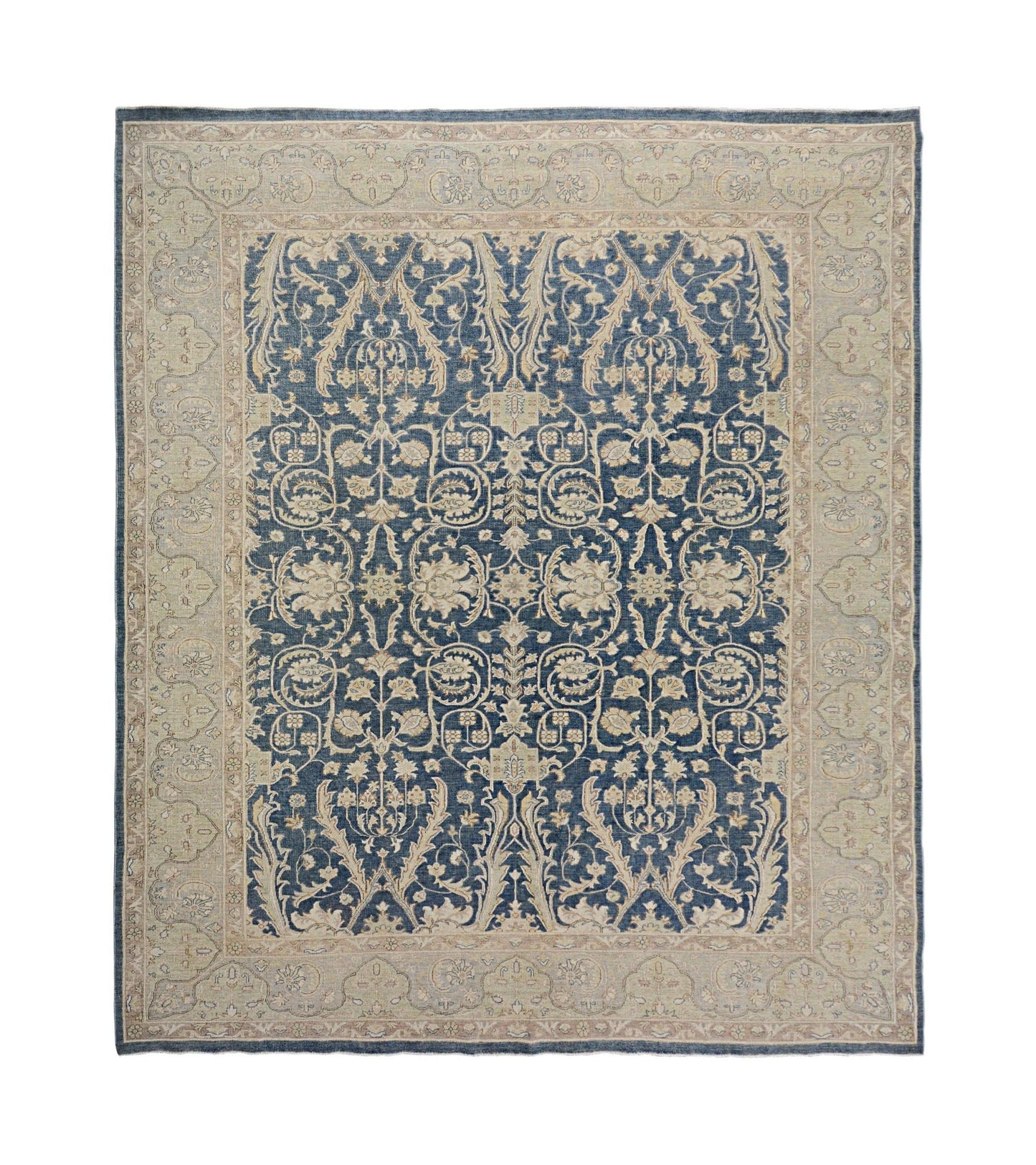 Handmade Afghan Chobi rug featuring a traditional floral pattern in blue and beige tones.