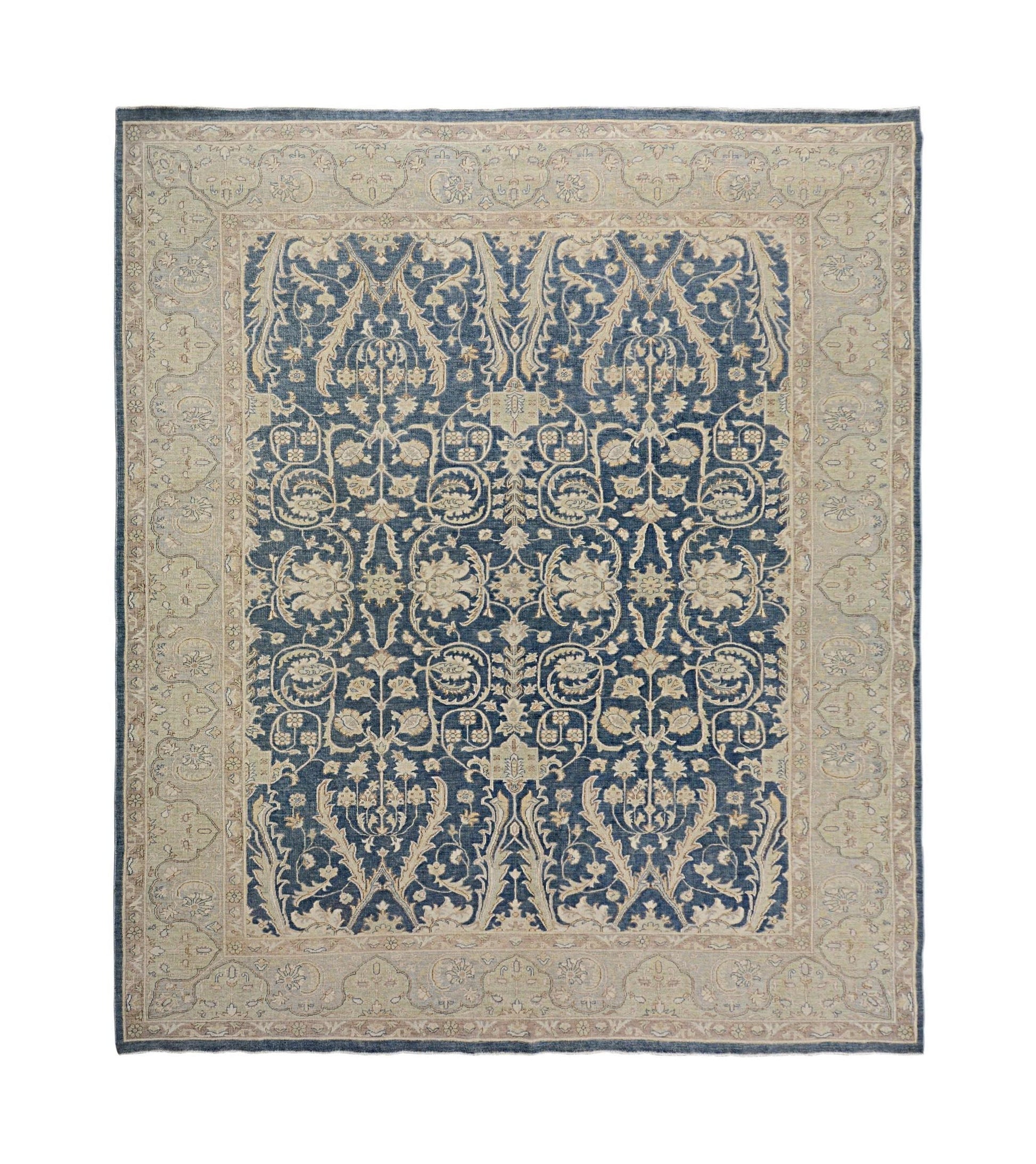 Handmade Afghan Chobi rug featuring a traditional floral pattern in blue and beige tones.